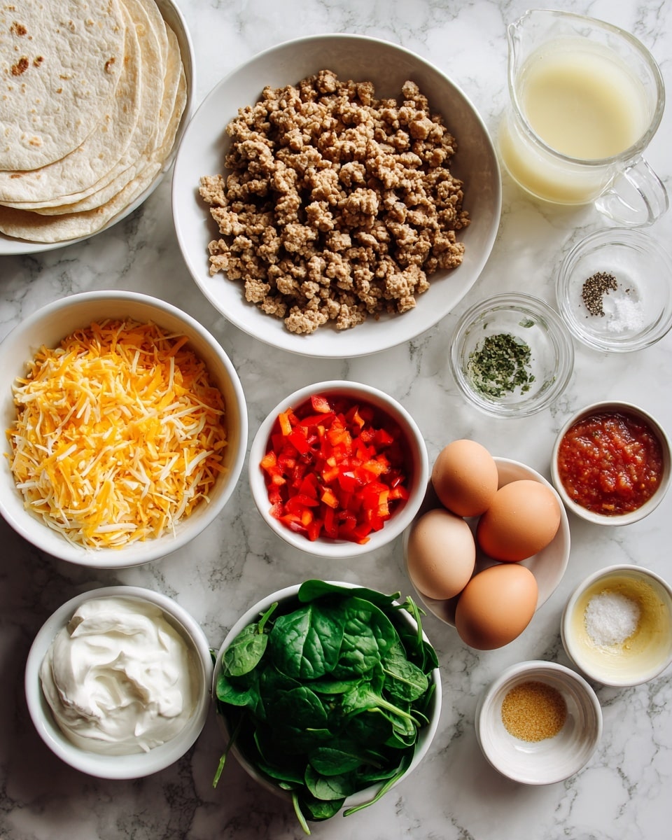 The image shows several white bowls arranged on a white marbled surface. One large bowl contains cooked, crumbled ground meat in a light brown color with some darker spots. Next to it, a bowl holds shredded yellow cheese with a soft texture. A smaller bowl has finely chopped red bell peppers, bright and vibrant. There is a plate filled with whole brown eggs, about eight in number, smooth and shiny. Another bowl is filled with fresh green spinach leaves that look crisp. There is also a bowl with white cottage cheese and another containing chunky red salsa with visible herbs. On the side, there are small bowls holding light yellow and off-white powder spices, and one has black pepper and salt. A small clear glass pitcher contains a pale yellow liquid, and a white bowl holds white sour cream with a creamy texture. To the left, there are three stacked white tortillas slightly folded. photo taken with an iphone --ar 4:5 --v 7