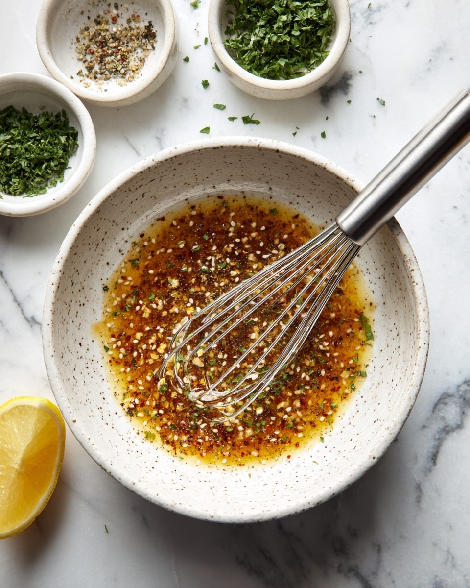 A white bowl with a speckled texture holds a mix of golden brown and slightly translucent liquid with visible mustard seeds and spices, being stirred by a metal whisk placed inside. Surrounding the bowl are small white bowls filled with chopped green herbs, and a sliced lemon is partly visible at the bottom left corner. The surface beneath the bowls is a white marble texture with delicate veins. Photo taken with an iphone --ar 4:5 --v 7