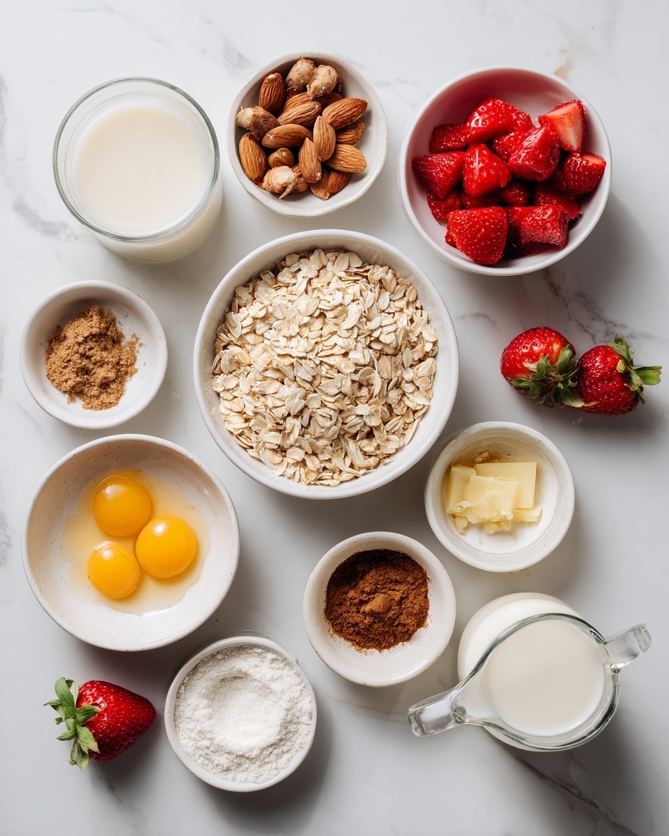 Several small white bowls and a glass cup are arranged on a white marbled surface, each holding different ingredients. In the center, a large white bowl is filled with light beige rolled oats. To its right, a medium white bowl contains chopped bright red strawberries. Surrounding these, there are smaller white bowls filled with various ingredients: sliced pale beige almonds, brown sugar, rich dark cinnamon powder, and yellow melted butter. Additionally, there are two cracked eggs in a bowl with yellow yolks, a small bowl with white powder, a small bowl of light yellow minced ginger, and a glass pitcher filled with cream-colored milk. Two whole bright red strawberries rest near the bowls, enhancing the color contrast. photo taken with an iphone --ar 4:5 --v 7