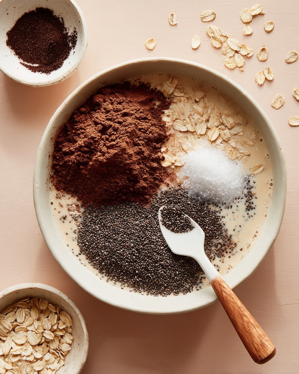 A white bowl filled with four distinct layers of ingredients: a light creamy liquid base with light beige oat flakes partially mixed in, a large pile of dark brown cocoa powder on the left, a smaller pile of black chia seeds topped with a small white salt mound on the right, and a white spatula with a wooden handle resting inside the bowl near the chia seeds. Surrounding the bowl on a light pink surface are scattered oat flakes, a small white bowl with dark brown cocoa powder at the top left, and another white bowl with oat flakes at the bottom left. photo taken with an iphone --ar 4:5 --v 7
