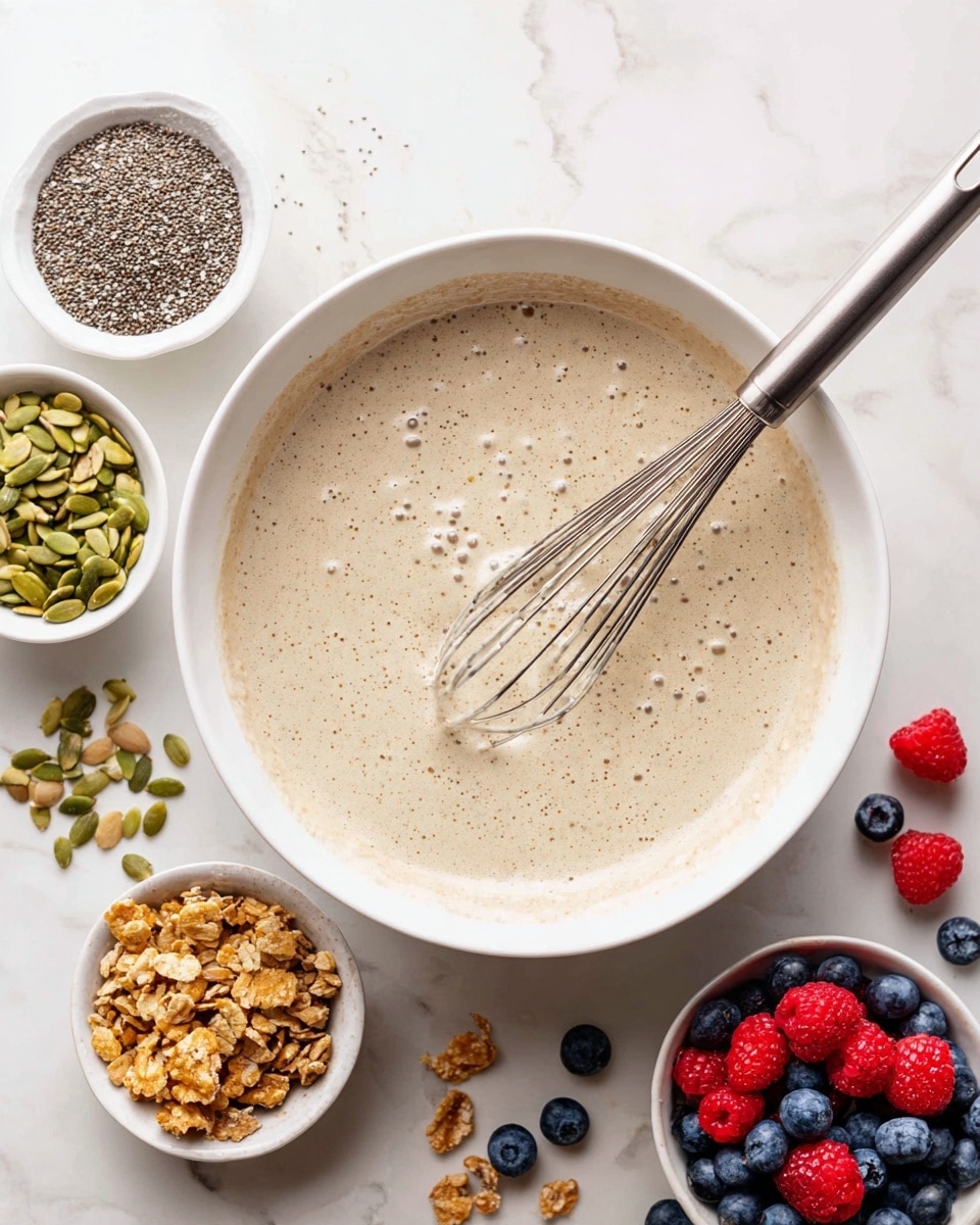 A large white bowl filled with a light beige batter with bubbles on top sits on a white marbled surface. A metal whisk is placed inside the batter. Around the bowl are four small white bowls: one with black and white chia seeds, one with green pumpkin seeds, one with golden brown granola, and one with fresh mixed berries including blueberries and raspberries. A few scattered blueberries, raspberries, and pumpkin seeds are on the surface nearby. photo taken with an iphone --ar 4:5 --v 7