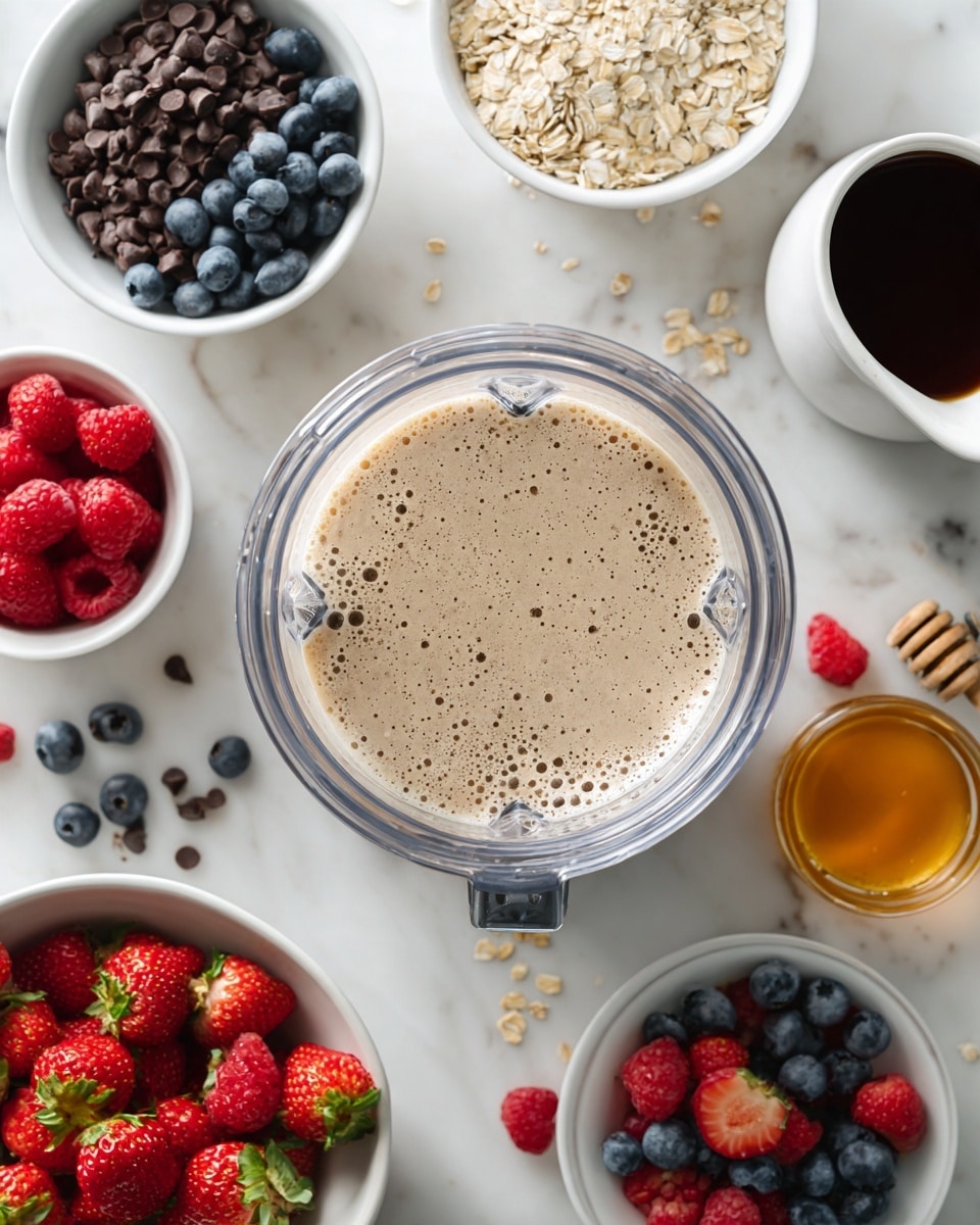 The image shows a top view of a clear blender container filled with a light beige, frothy liquid with small bubbles on the surface, centered in the frame. Around the blender on a white marbled surface are various small white bowls and scattered berries: a bowl of oats, a bowl mixed with blueberries and raspberries, a bowl of chocolate chips, and a bowl full of bright red strawberries with green leaves, with sliced strawberries and scattered blueberries and raspberries framing the scene. There is also a small white pitcher of dark syrup and a small jar of golden honey with a dipper. The overall scene is bright and clean. photo taken with an iphone --ar 4:5 --v 7
