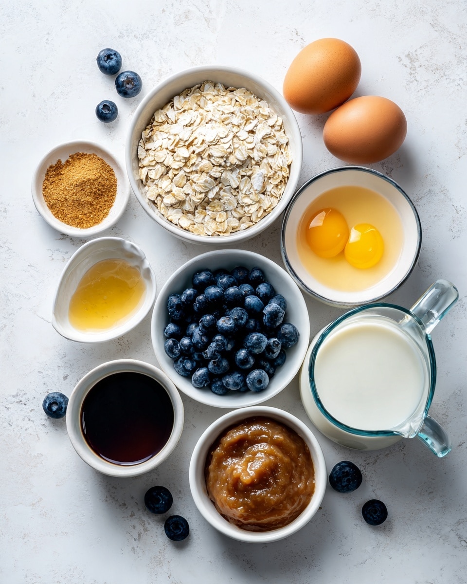 A top view of several small white bowls and a glass jug placed on a white marbled surface, each bowl filled with different ingredients: one bowl holds light beige rolled oats, another is filled with fresh dark blue blueberries, a bowl nearby has two brown eggs, a white bowl contains yellow melted butter, another small white bowl holds a golden powder, likely cinnamon, a bowl with light tan apple sauce, a cup with dark brown liquid, and a glass jug contains a white liquid, possibly milk. Scattered blueberries are visible on the surface around the bowls. Photo taken with an iphone --ar 4:5 --v 7