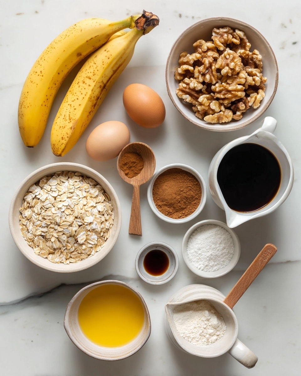 The image shows several small white bowls and a clear glass measuring cup arranged on a white marbled surface. From left to right, there are two whole yellow bananas with brown spots, a bowl with two brown eggs, a bowl filled with light beige rolled oats, a bowl of chopped walnuts, and a bowl with a yellow liquid that looks like melted butter. Near the top middle, a small bowl holds brown cinnamon powder with a small wooden spoon resting on top. There is a small bowl with dark vanilla extract, a small bowl of white salt, and a small bowl of white flour. Finally, a white ceramic pitcher is filled with a dark liquid that appears to be maple syrup. The items are all clean and neatly placed. photo taken with an iphone --ar 4:5 --v 7