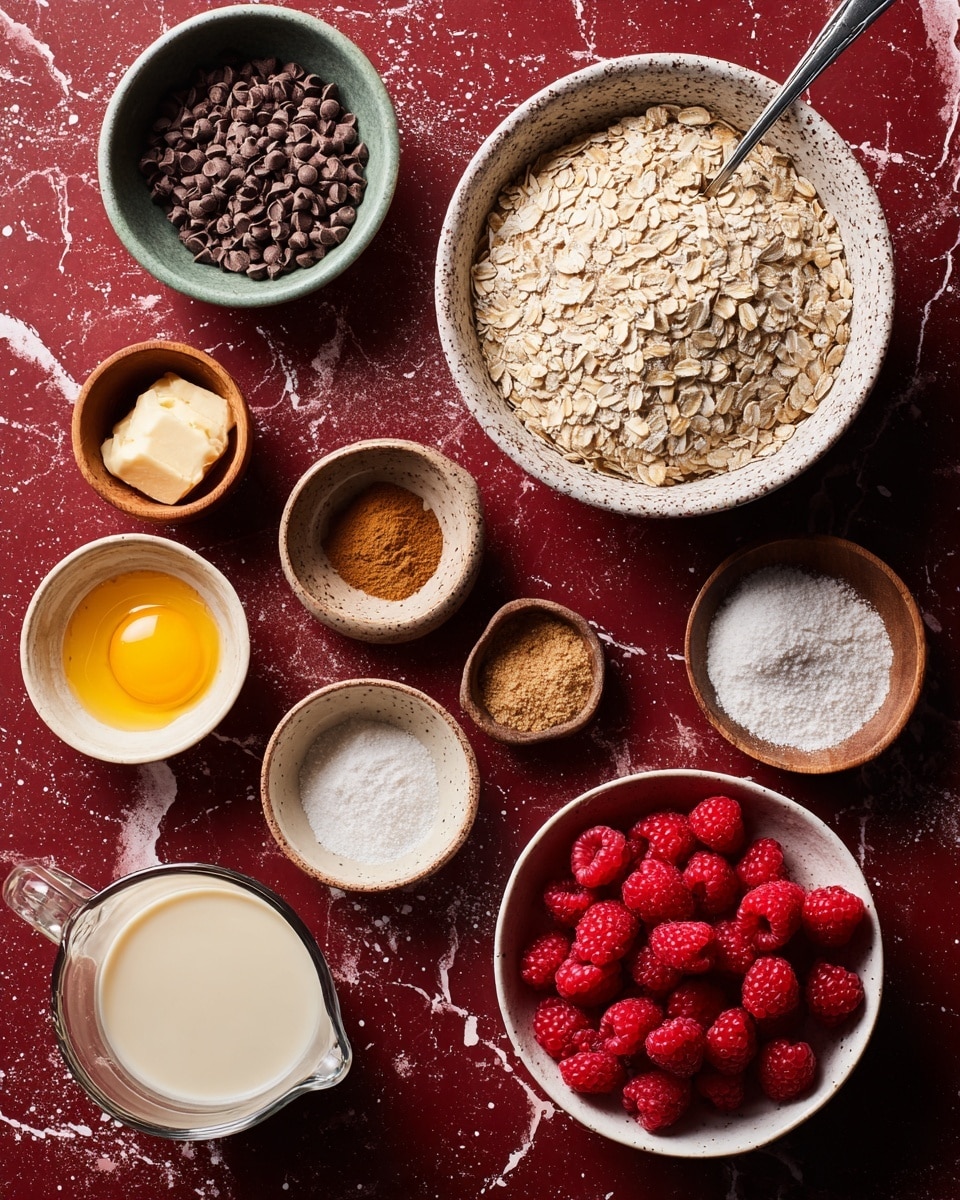 A top view of ingredients arranged on a dark red surface with a white marbled texture, including a large bowl of light beige oats with a metal spoon on the right inside it, a speckled white bowl filled with bright red raspberries on the bottom right, a white bowl with dark brown chocolate chips next to it, and a glass measuring cup with creamy white liquid on the bottom left. Additional small white bowls with light brown sugar, bright yellow melted butter, ground cinnamon, two raw eggs, and vanilla extract are spread around, along with small wooden bowls filled with salt and white baking powder. The items are arranged neatly with some oats scattered lightly around. photo taken with an iphone --ar 4:5 --v 7