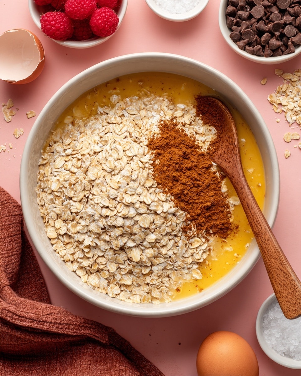 A white bowl filled with a mixture of three visible layers: at the bottom is a yellowish wet batter, on top of that a large pile of light beige rolled oats mostly covering the surface, and a small heap of reddish-brown cinnamon powder near the center right. A wooden spoon rests inside the bowl on the right side, partially immersed in the mixture. The bowl is set against a pink background with small white bowls containing raspberries, dark brown chocolate chips, salt, and extra oats around it, along with a cracked eggshell and a brown cloth napkin nearby. photo taken with an iphone --ar 4:5 --v 7