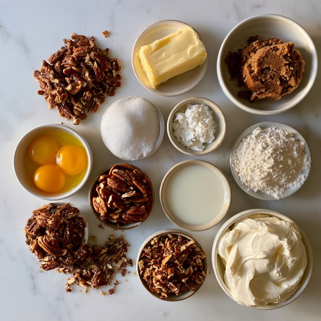 A close-up of a beige mixing bowl filled with a textured mix of whole and chopped pecans coated in a sticky, golden brown syrup with visible sugar crystals on top. A white spatula with a wooden handle rests inside the bowl, lifting some of the nut mixture. The background and surface are white marble, creating a clean contrast with the rich brown nuts. Photo taken with an iphone --ar 4:5 --v 7