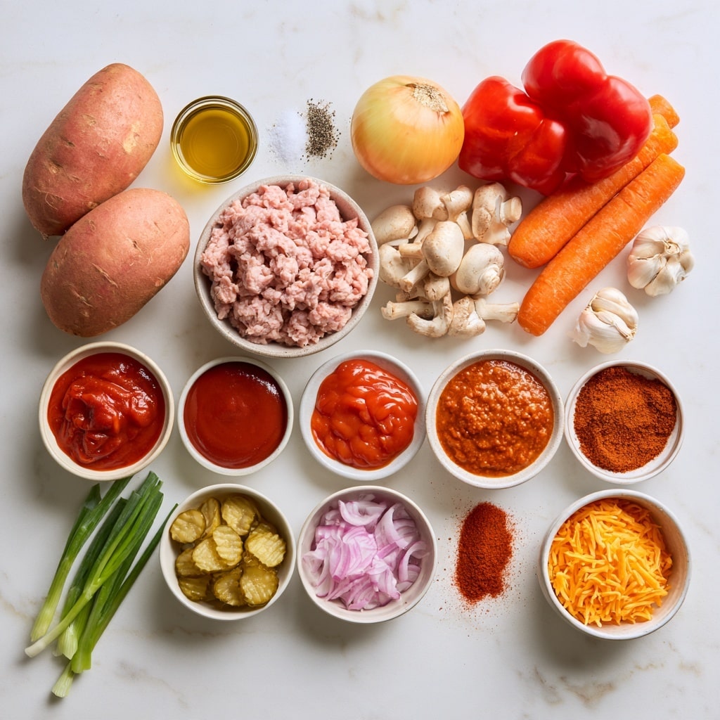 A close-up view of a black frying pan filled with cooked ground meat mixed with small diced vegetables including white onions, bright orange carrots, and red bell peppers. The mixture has a slightly browned, cooked texture with some pieces having a light char. A wooden spoon is resting inside the pan, stirring the colorful blend of ingredients. The pan sits on a white marbled surface that reflects natural light, giving the scene a fresh, clean feel. photo taken with an iphone --ar 4:5 --v 7