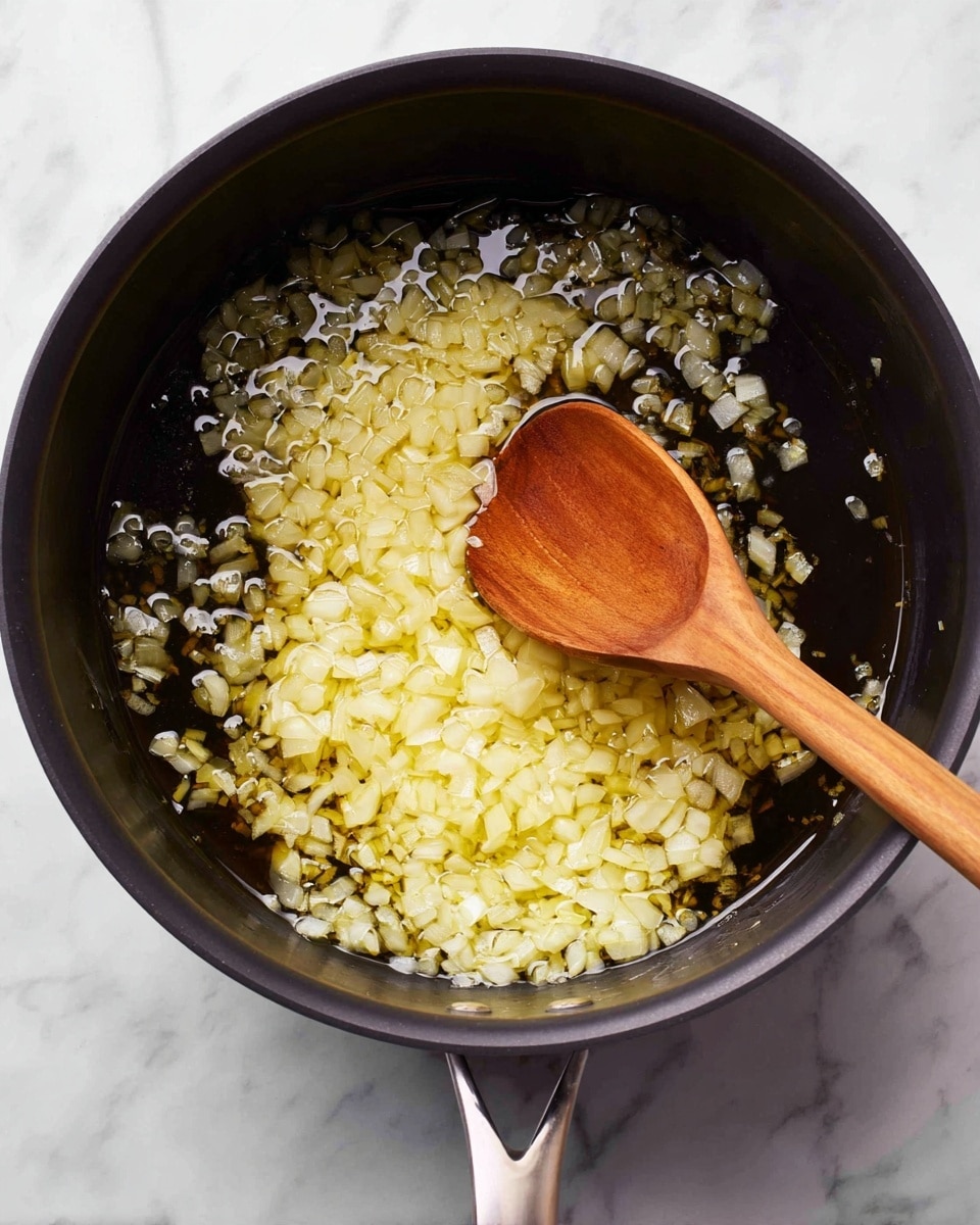 A close-up view of a black cooking pot filled with small diced onions being cooked in oil. The onions are light yellow and translucent, covered in shiny oil that pools slightly at the surface. A wooden spoon with a smooth texture is stirring the onions from the right side of the pot. The pot sits on a white marbled surface. photo taken with an iphone --ar 4:5 --v 7