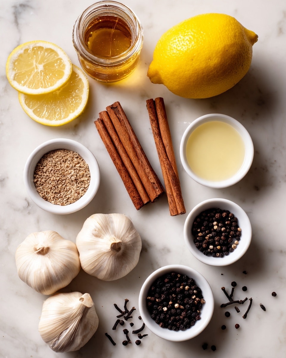 The image shows various ingredients neatly arranged on a white marbled surface. In the top right corner, there is a whole bright yellow lemon. Below it, two lemon slices with light yellow flesh sit close together. Near the center are three cinnamon sticks: two laid side by side horizontally with one above them. Small black cloves are grouped together near the cinnamon sticks, with some scattered around. Two small white bowls on the right side hold black peppercorns, appearing dark and round. In the middle, a small white bowl contains a pale yellow liquid, and to the upper left, a glass jar holds a golden-brown liquid. Near the bottom left corner, three garlic bulbs with light beige skin complete the arrangement. The photo taken with an iphone --ar 4:5 --v 7