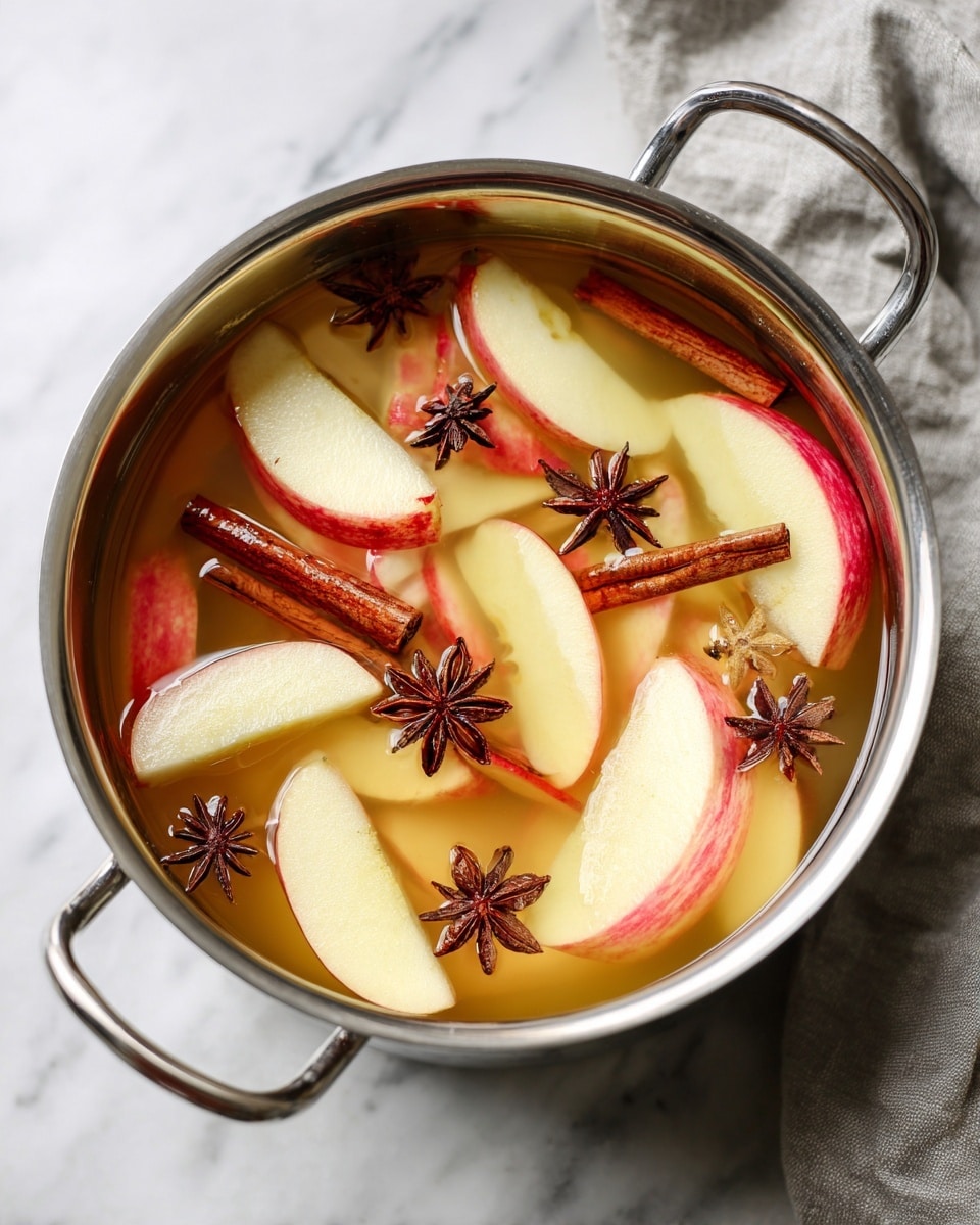 A shiny stainless steel pot filled with a warm liquid containing floating apple slices, cinnamon sticks, and star anise pieces. The apple slices are pale yellow with red edges, showing the seeds in the center. The cinnamon sticks are thick and brown with a rough texture, laying horizontally across the apples. The star anise is dark brown with a star shape, scattered throughout the liquid. The pot sits on a white marbled surface with a soft focus on a gray and white cloth in the background. photo taken with an iphone --ar 4:5 --v 7