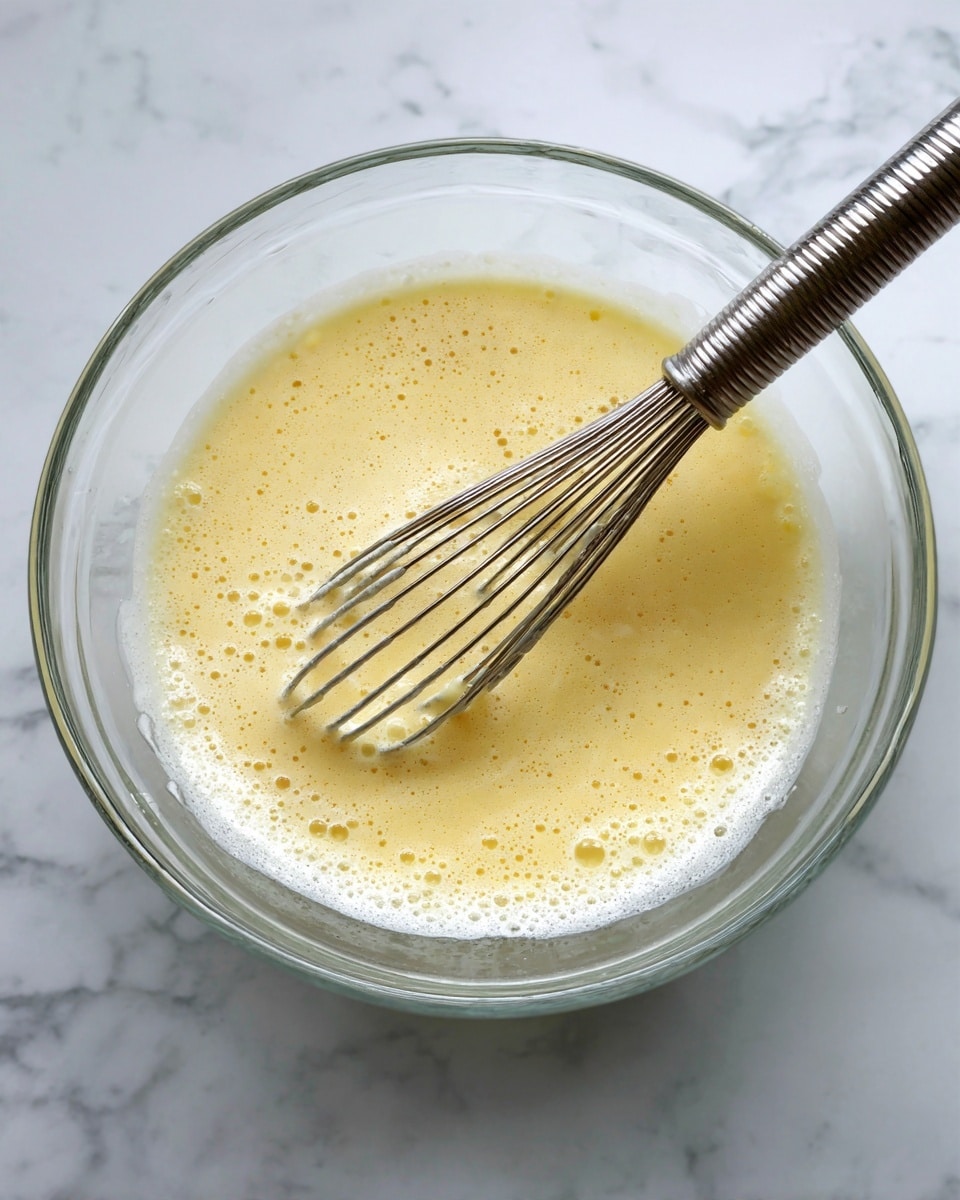 A clear glass bowl filled with smooth, light yellow batter with some bubbles on the surface and slightly frothy edges, a shiny metal whisk is partially submerged on the right side with its thin wires coated in the batter, all placed on a white marbled surface photo taken with an iphone --ar 4:5 --v 7