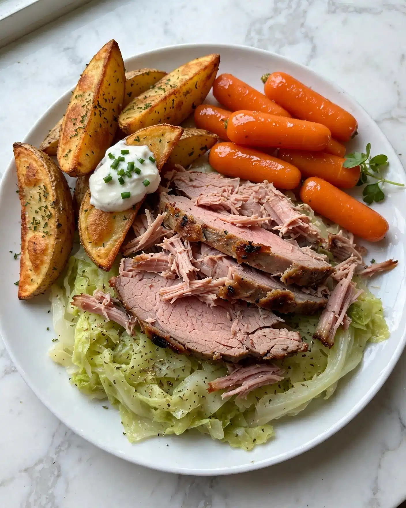 Corned Beef and Cabbage with Carrots and Roast Potatoes Recipe