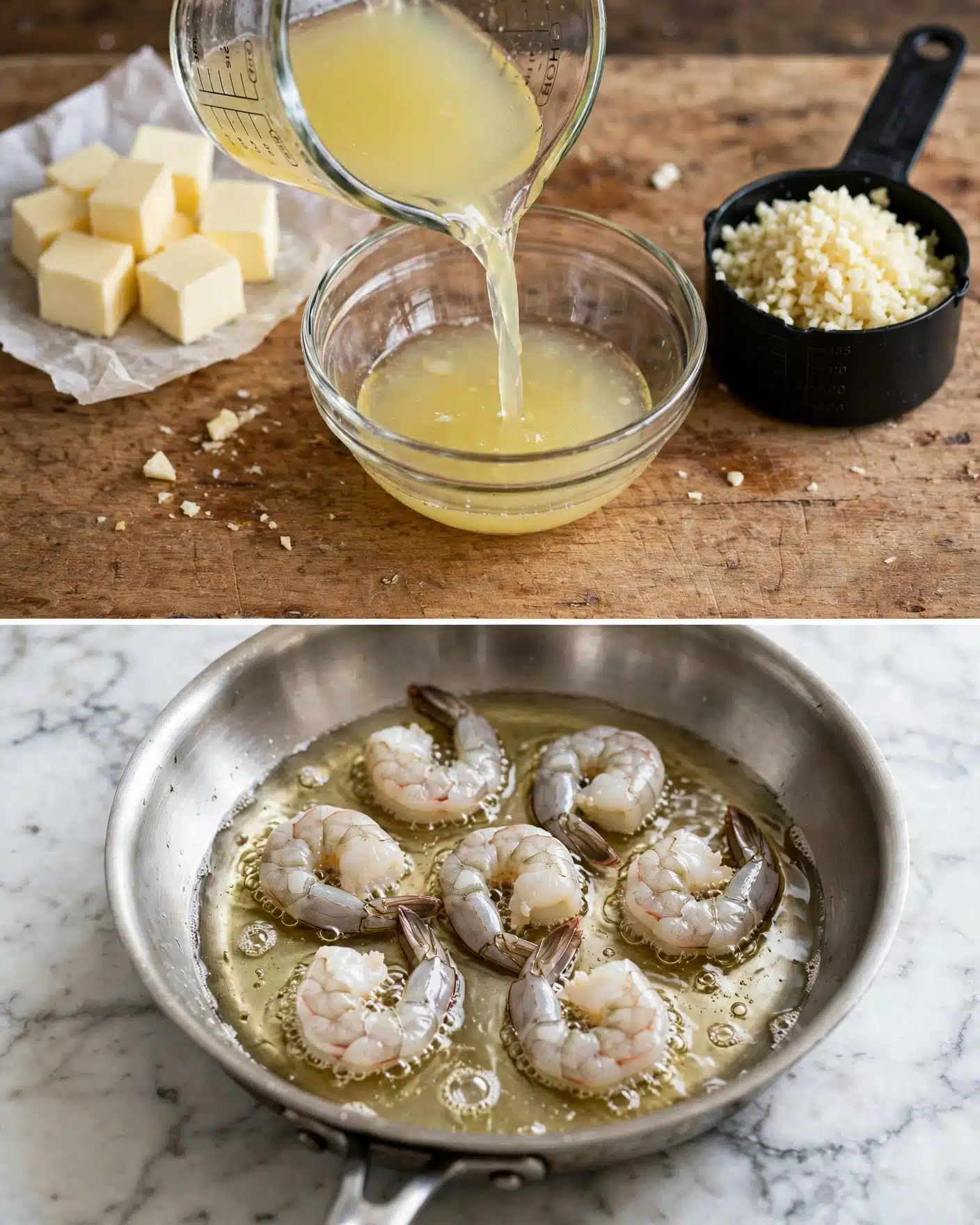 The top part of the image shows a close view of a wooden cutting board with a glass bowl in the center, where a light yellow liquid is being poured from a clear measuring cup. To the left, there are several white-yellow cubes of butter resting on wax paper. To the right of the bowl, there is a black measuring cup filled with minced garlic. In the lower part of the image, a stainless steel pan is shown frying several shrimp in oil on a white marbled surface. The shrimp are light grey with a tinge of pink on the edges, arranged evenly with some oil bubbles around them. Photo taken with an iphone --ar 4:5 --v 7