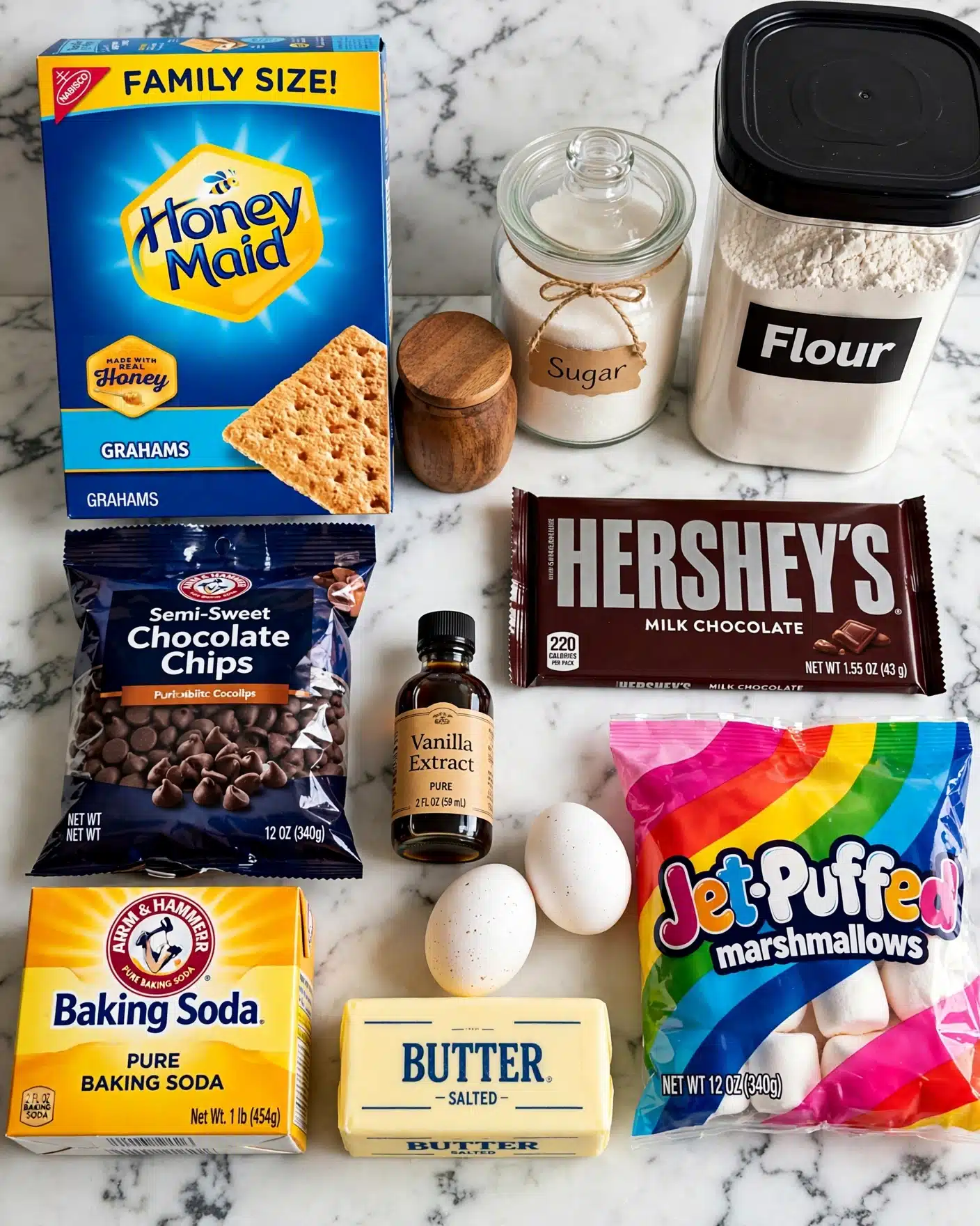 The image shows various baking ingredients arranged on a white marbled surface, including a box of Honey Maid graham crackers at the back left, a small wooden jar next to a glass container of sugar behind it, and a large clear container labeled 