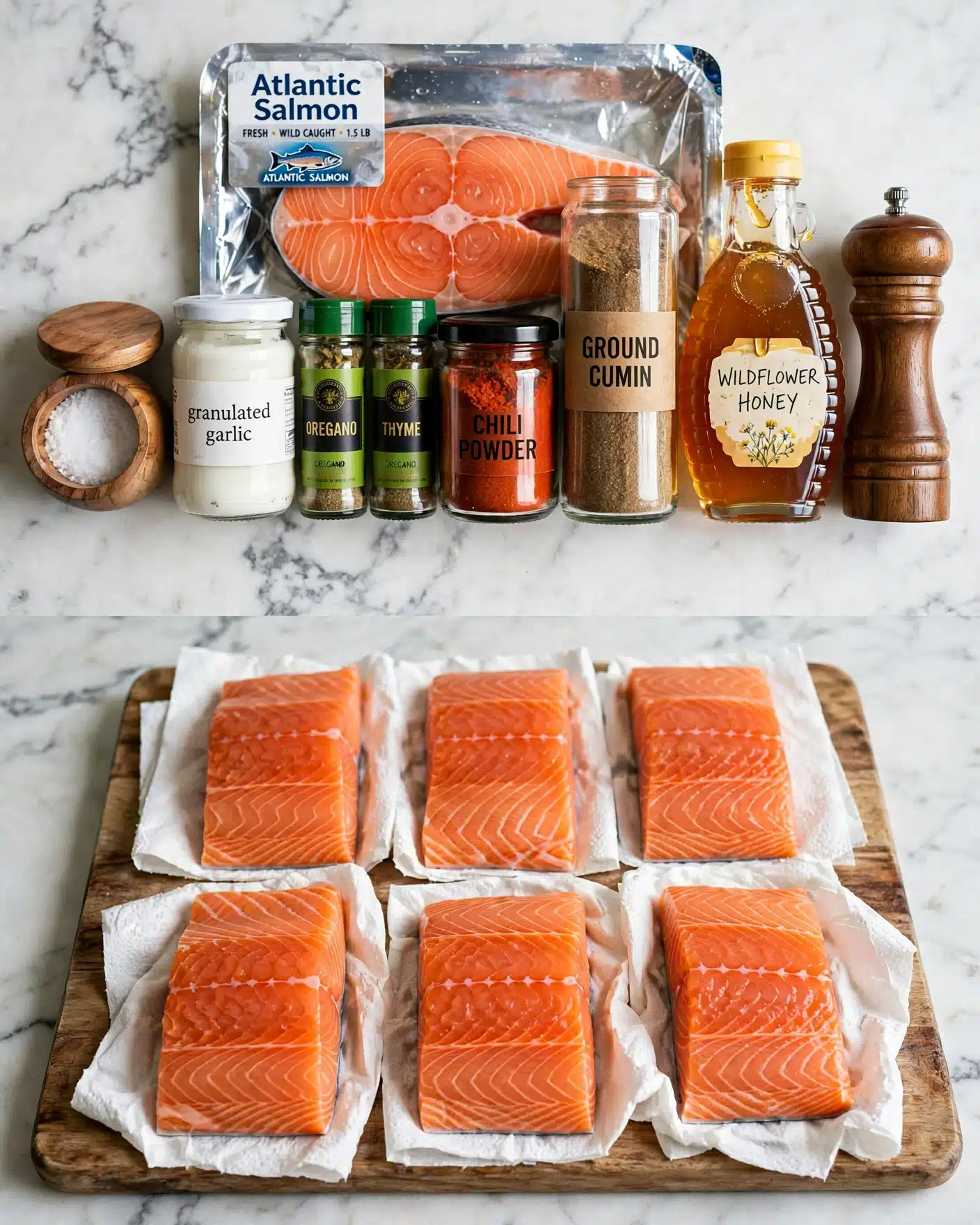 Blackened Lime Salmon with Mango Salsa Recipe 4 The image shows two parts: the top has various spices and cooking items arranged in a row on a white marbled surface. From left to right, there is a wooden salt container with a lid, a white jar labeled granulated garlic, two small green spice bottles, a red chili powder container, a tall clear jar of ground cumin, a bottle of wildflower honey with a yellow lid, and a wooden pepper grinder. Behind these items is a package labeled Atlantic Salmon. The bottom part of the image shows six pieces of orange fresh salmon fillets neatly laid out on white paper towels that rest on a wooden board, all set on the same white marbled surface. photo taken with an iphone --ar 4:5 --v 7