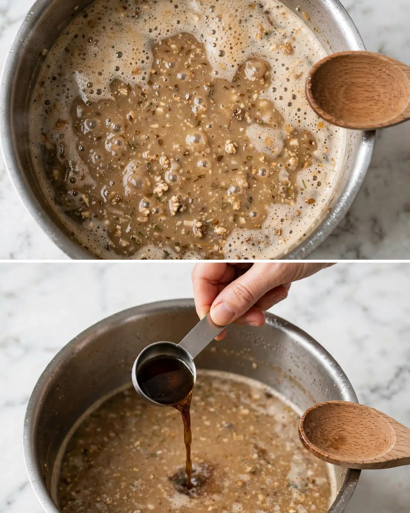A large metal pot filled with a bubbling light brown liquid that has small bits of ingredients floating inside, with a wooden spoon resting on the edge, shown in two layers: the top layer focuses on the foam-covered simmering liquid with small pieces, while the bottom layer shows a woman's hand holding a silver measuring spoon pouring a dark brown liquid into the pot, with the wooden spoon still resting on the edge; the background and surface are white marbled texture photo taken with an iphone --ar 4:5 --v 7