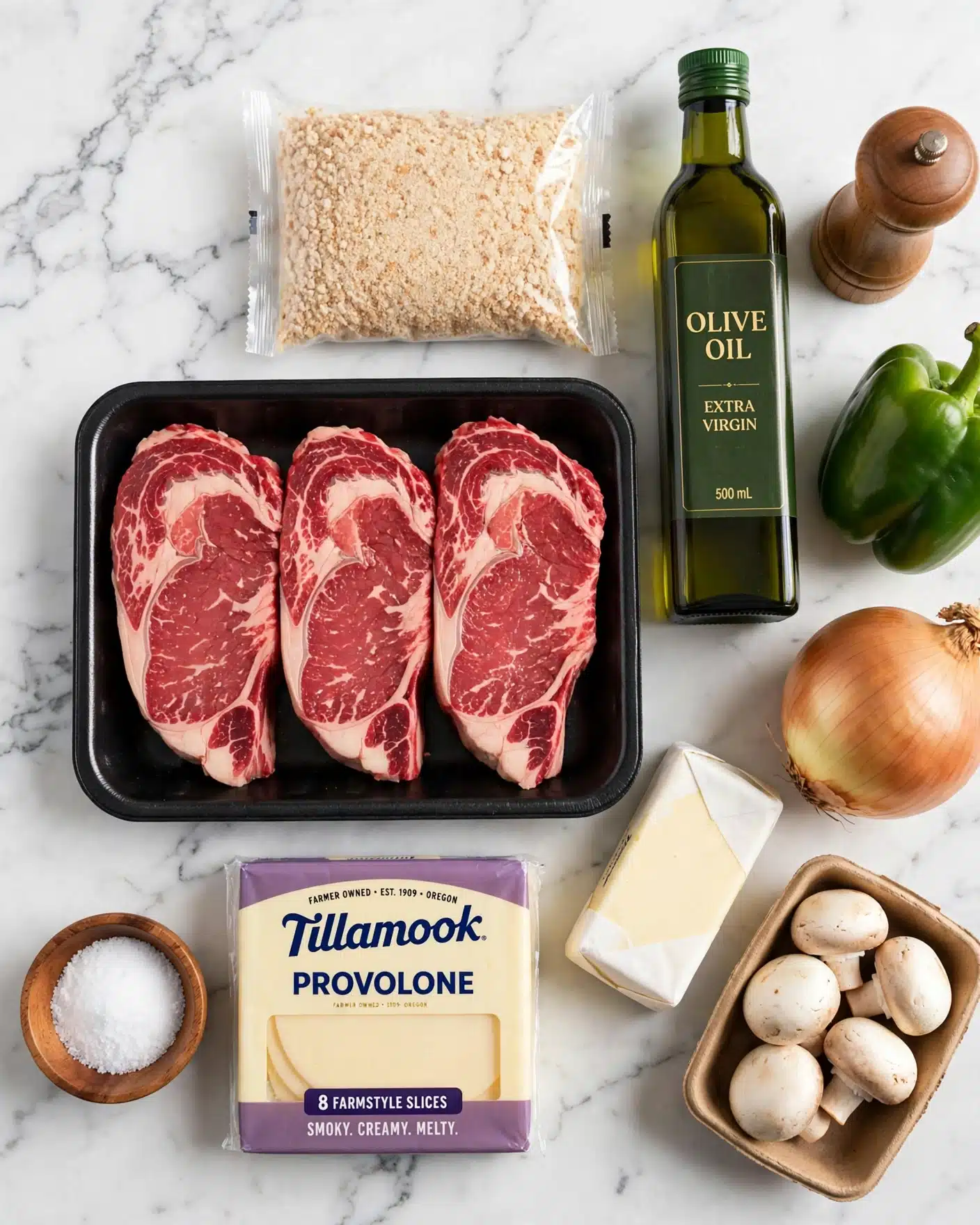 The image shows raw ingredients on a white marbled surface. There is a black tray with marbled red and white raw meat in the center. Behind it, there is a clear package with light brown shredded food, likely bread or cereal. On the right side, there is a large green bottle of olive oil, a wooden pepper grinder, a green bell pepper, and a large yellow onion. Near the front right, a small brown cardboard tray holds several white mushrooms. There is also a white wrapped block of butter and a white packet of Tillamook Provolone cheese. A wooden container with white salt is in the front left corner. Photo taken with an iphone --ar 4:5 --v 7