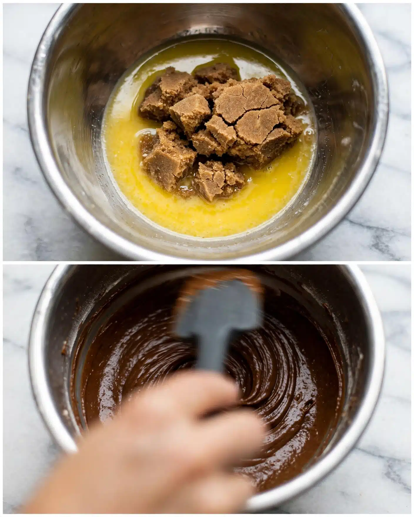 The image shows two close-up views inside a shiny metal mixing bowl on a white marbled surface. The top part shows a layer of melted yellow butter at the bottom with a big chunk of cracked brown sugar sitting on top in the center. The bottom part shows a smooth, thick dark brown mixture spread evenly across the bowl. A woman's hand is blurry in the foreground, holding a mixing tool above the bowl. photo taken with an iphone --ar 4:5 --v 7