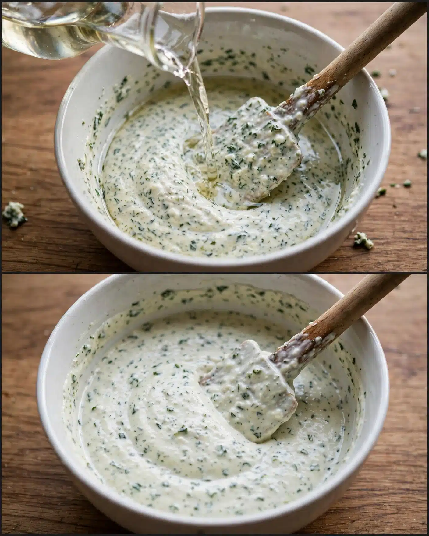 Citrus and Goat Cheese Green Salad (Mendocino Copycat) Recipe 5 The image shows two close-up shots of a white bowl on a wooden surface with a creamy mixture inside. In the top photo, a clear liquid is being poured into the bowl that contains a thick, speckled white mixture with green herbs, while a spatula with a wooden handle rests inside the bowl, covered in the mixture. The bottom photo shows the mixture fully combined, thick and smooth with visible small dark green herb bits, still resting inside the same white bowl with the spatula placed inside. photo taken with an iphone --ar 4:5 --v 7
