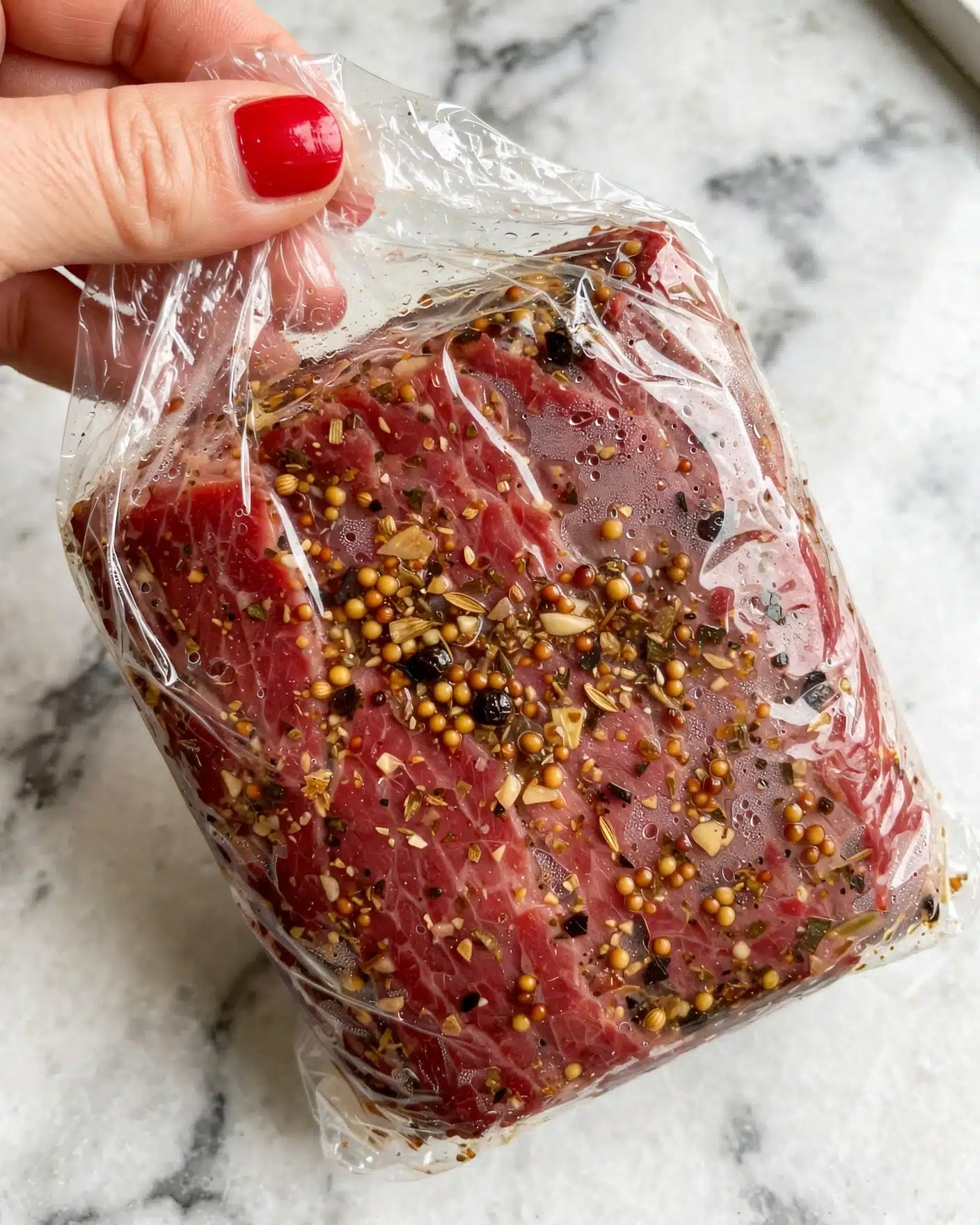 The image on the right shows a piece of corned beef brisket wrapped tightly in clear plastic, displaying a deep red color with visible mustard seeds and spices sprinkled on the surface. The woman's hand with red nail polish is holding the brisket from the top left corner, showing the size and texture of the packed meat. The background is a white marbled surface. photo taken with an iphone --ar 4:5 --v 7