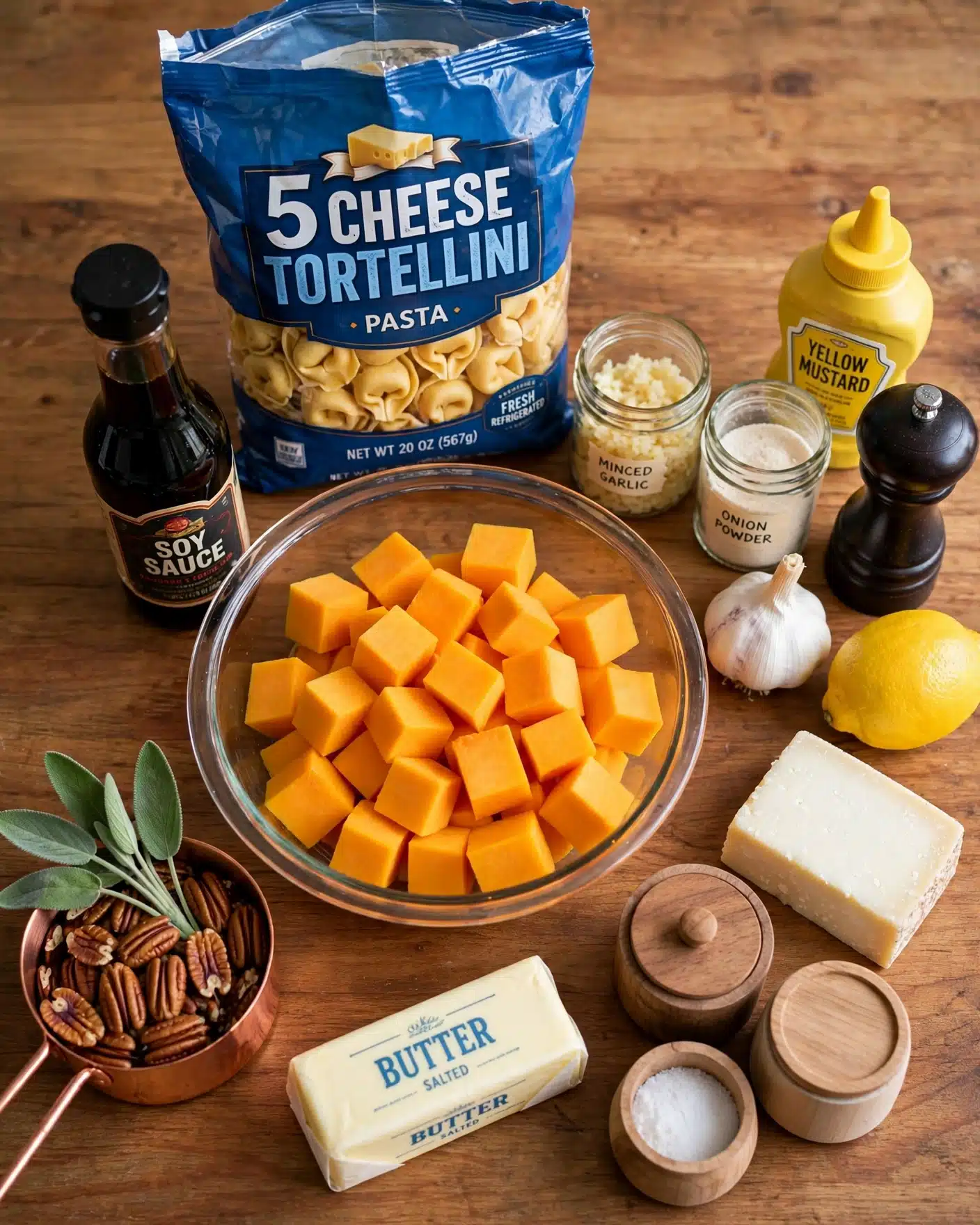 The image shows a collection of cooking ingredients arranged on a wooden surface. Central is a clear glass bowl filled with bright orange cubed butternut squash. Behind it, a large blue bag of 5 cheese tortellini pasta is visible. To the right, there are several seasonings including minced garlic, onion powder, yellow mustard, and a pepper grinder. Nearby are a whole clove of garlic, a bright yellow lemon, and a block of white cheese. In the foreground, a stick of butter wrapped in paper sits next to a small wooden container with a lid, possibly holding salt. A copper measuring cup filled with pecan halves and fresh green sage leaves lies near the front left. A bottle of soy sauce stands tall in the back center. Overall, the ingredients are colorful and fresh, sitting on a warm wooden table surface photo taken with an iphone --ar 4:5 --v 7