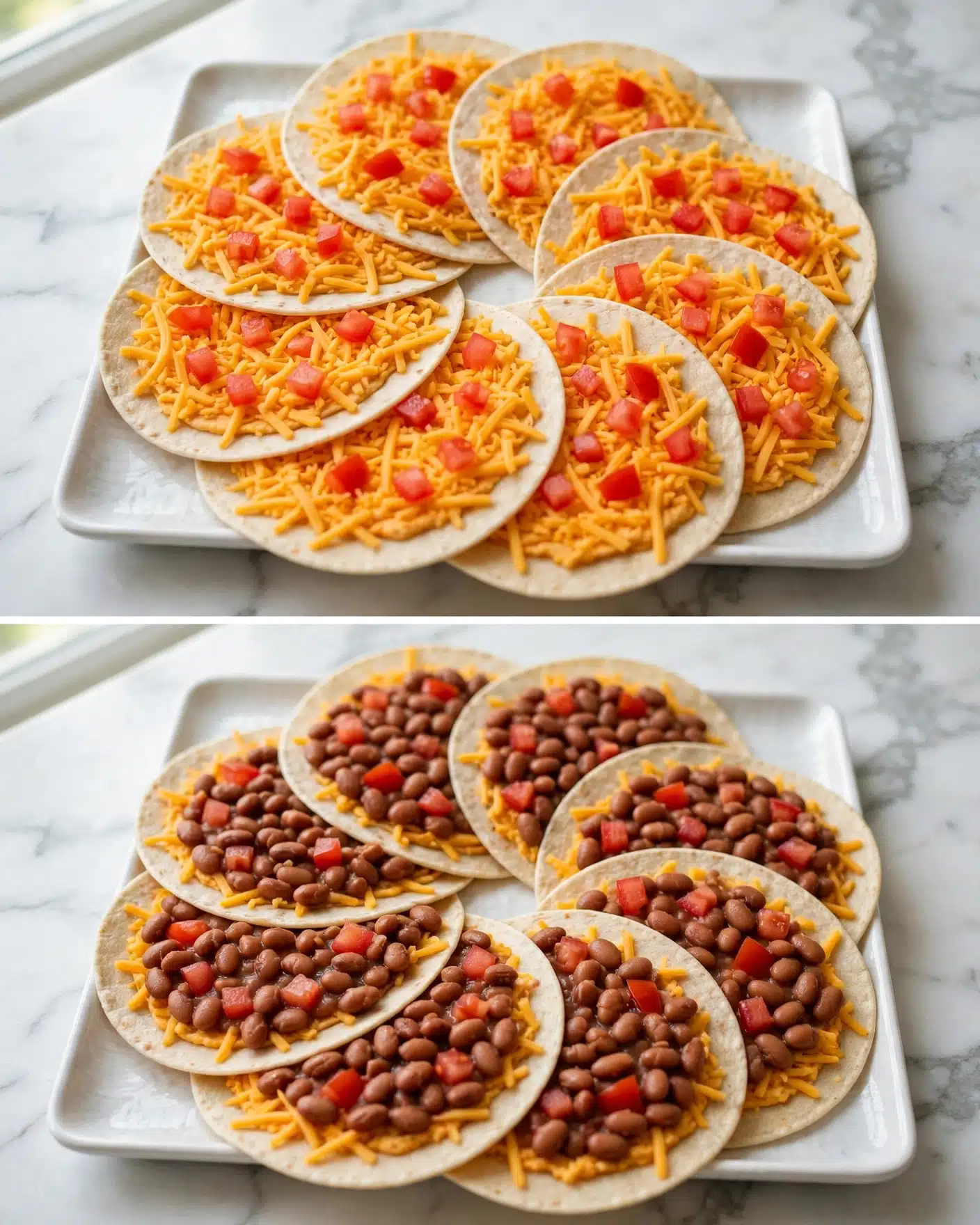 The image shows two stages of making a layered tortilla dish on a white marbled surface. Both stages use six soft, round tortillas arranged in a flower-like shape with edges overlapping in a white tray. In the top part, the tortillas are topped with a thick, even layer of shredded orange cheese and scattered small cubes of red tomatoes spread across the cheese. In the bottom part, the same tortillas have the orange shredded cheese, red tomato cubes, and an additional layer of brown beans spread evenly on top. The layers create a colorful mix of light tan tortillas, bright orange cheese, red tomatoes, and brown beans. photo taken with an iphone --ar 4:5 --v 7