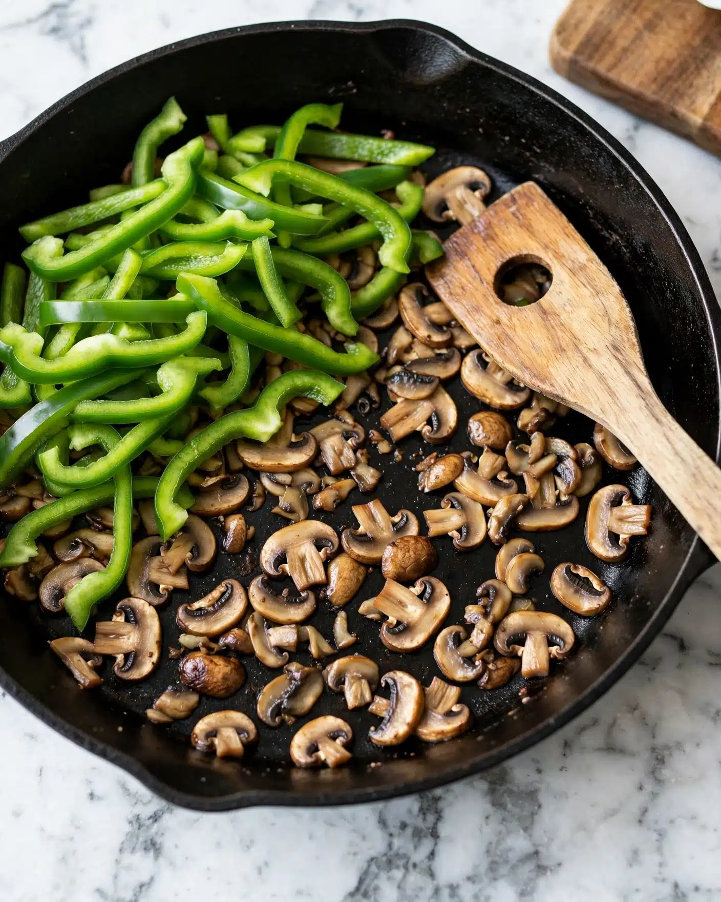 A close-up of a black cast iron pan with two layers of food: the bottom layer is light brown sliced mushrooms spread unevenly across the pan, and the top layer is fresh bright green bell pepper strips piled on the left side. A wooden spatula with a hole near its center rests diagonally on the right side of the pan. The pan sits on a white marbled surface with a wooden board partially visible in the top right corner. photo taken with an iphone --ar 4:5 --v 7