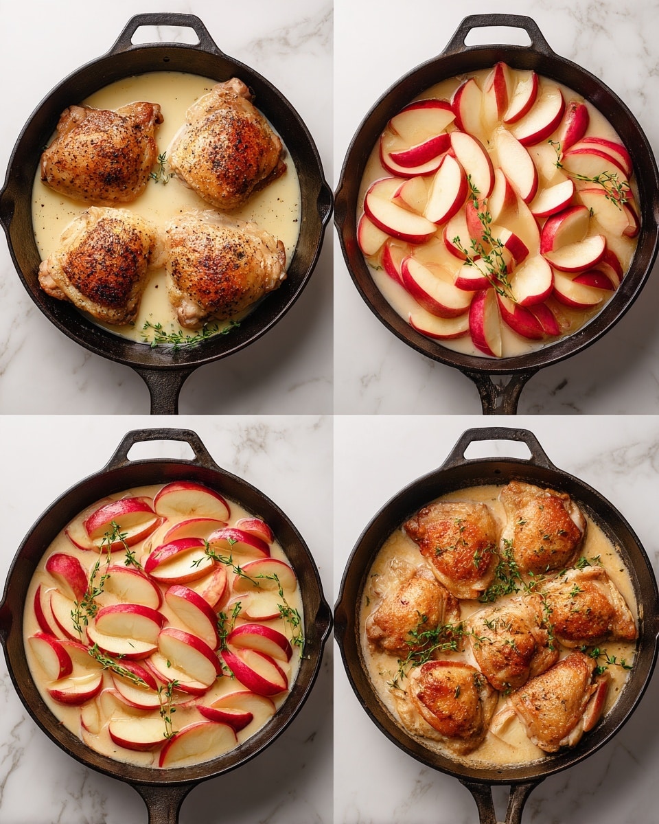 The image shows four stages of cooking in a black cast iron pan set on a white marbled surface. In the first stage, five golden brown chicken thighs seasoned with black pepper are neatly arranged in the pan. In the second stage, peeled apple slices with red skin are piled up, filling the pan with their light cream and red colors. The third stage shows the apple slices sitting in a golden brown liquid, filling the pan almost to the top. The last stage displays the golden chicken thighs back in the pan, now mixed with apple slices and garnished with small green thyme sprigs, creating a mix of warm brown, cream, red, and fresh green colors. photo taken with an iphone --ar 4:5 --v 7