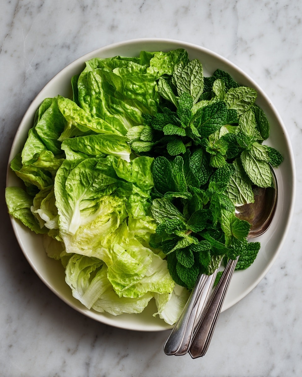 A white round plate filled with two layers of lettuce leaves; the bottom layer is light green with soft texture, and the top layer is a mix of dark green and fresh mint leaves scattered evenly. Two silver metal spoons rest on the right side of the plate, partially inside the lettuce. The plate is placed on a white marbled surface. photo taken with an iphone --ar 4:5 --v 7