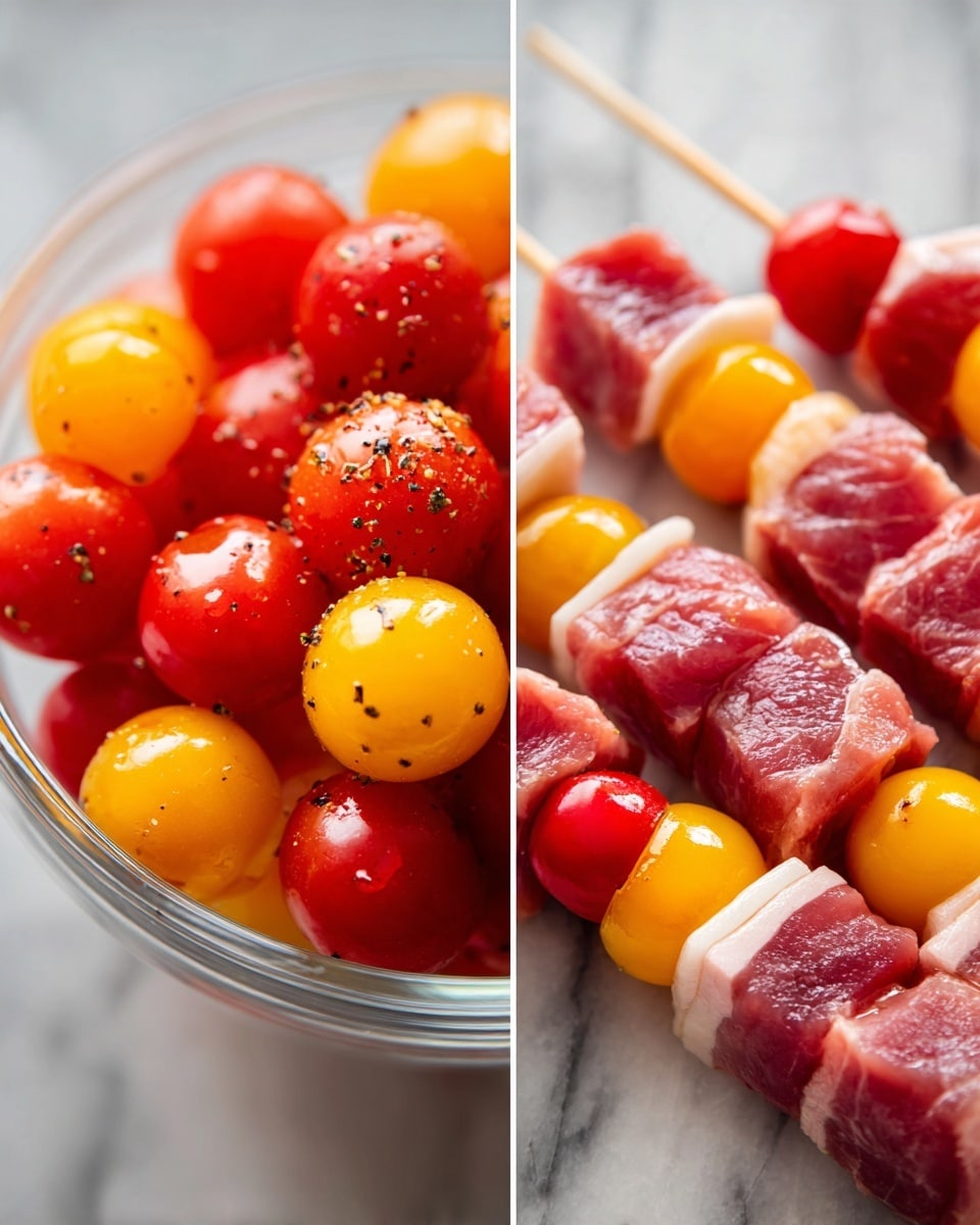 The image shows two parts: on the left, a clear glass bowl filled with small round cherry tomatoes in red and yellow colors, all shiny and speckled lightly with black pepper, resting on a white marbled surface. On the right, there is a close-up of several skewers lying on a white marbled surface, with layers of red raw meat chunks alternating with red and yellow cherry tomatoes, creating a colorful pattern with a soft texture on the meat and a smooth, shiny surface on the tomatoes. Photo taken with an iphone --ar 4:5 --v 7