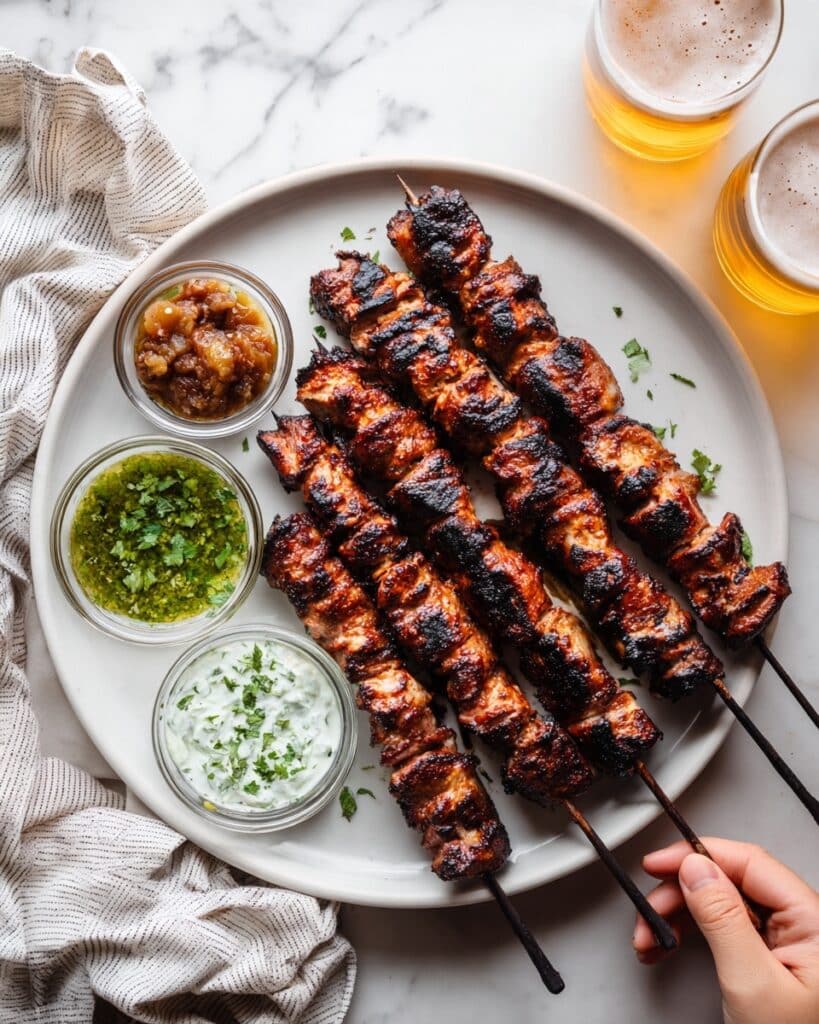 Grilled Steak Skewers with Chimichurri, Mint Yogurt, and Sundried Tomato Pesto Dipping Sauces Recipe