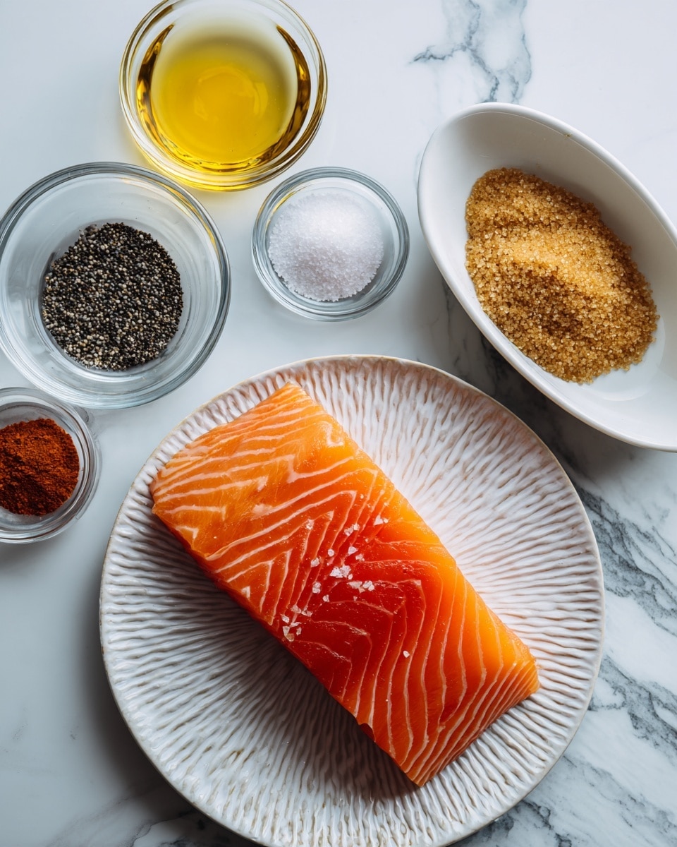 The image shows a piece of raw salmon with a smooth, bright orange color and thin white lines running through it, placed on a white plate with a textured pattern. Surrounding the plate are small clear glass bowls containing different ingredients: one bowl has a golden yellow liquid, another has a mix of black and white powders, and a third has a reddish powder mixed with light beige powder. There is also a white, oval-shaped bowl holding brown sugar. All the items are set on a white marbled surface with fine grey veins. photo taken with an iphone --ar 4:5 --v 7