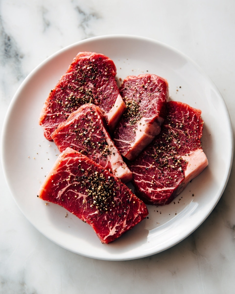 A white plate holds four raw red meat pieces, each with visible marbled fat and a sprinkle of black pepper on top. The meat shows deep red and pink hues, with white fat lining the edges and veins inside. The pieces overlap slightly, filling the plate with a rich, textured appearance. The plate sits on a white marbled surface, which contrasts with the dark red meat. Photo taken with an iphone --ar 4:5 --v 7