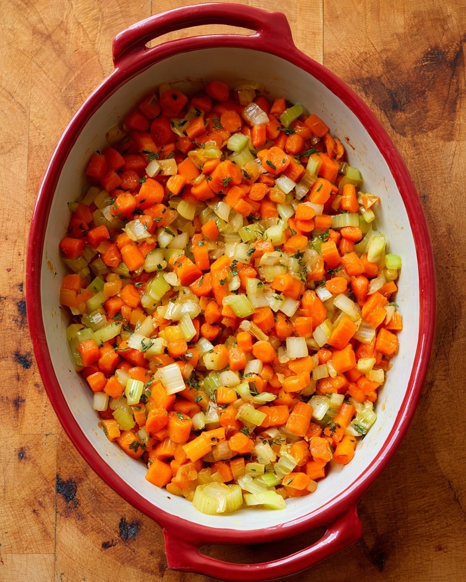 A top view of a red oval cooking pot filled with chopped, cooked vegetables, including bright orange carrots and fresh green celery, mixed with small bits of translucent cooked onions and herbs, all glistening with slight oiliness. The vegetables display a soft texture with a mix of round and angular shapes, spread evenly inside the pot. The pot sits on a warm, wooden surface with a natural grain and some dark spots. photo taken with an iphone --ar 4:5 --v 7