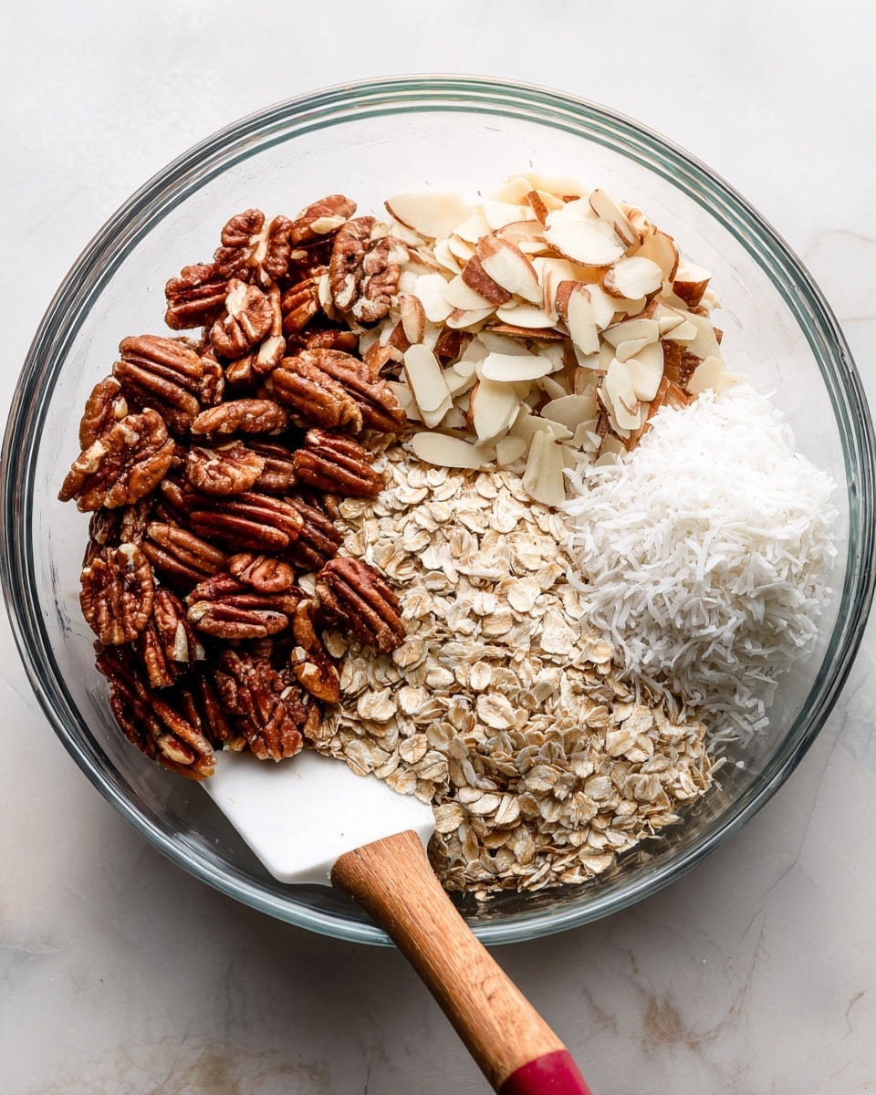 A clear glass bowl on a white marbled surface holds four distinct layers of ingredients arranged in separate sections without mixing. On the left side, there are medium brown pecan halves with a glossy texture. Next to it on the top right side, there are light beige thin almond slices. Below the almond slices, there are large flakes of white coconut. Between the coconut flakes and pecans, near the center bottom, there are light tan rolled oats. A white spatula with a red handle rests beside the bowl on the white marbled surface. Photo taken with an iphone --ar 4:5 --v 7
