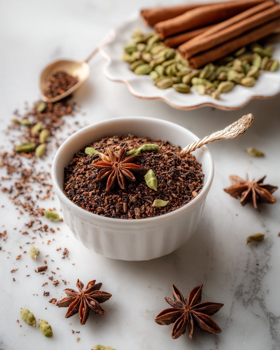 A white bowl filled with small pieces of dark brown spice, mixed with green cardamom pods and a single star anise placed on top, with a twisted brass spoon resting inside the bowl. Above it, a white scalloped plate holds several cinnamon sticks and a pile of green cardamom pods, with some cardamom scattered on the white marbled surface around both containers. Another star anise is also placed on the white marbled surface near the top right side. The scene is warm-toned and cozy, photo taken with an iphone --ar 4:5 --v 7