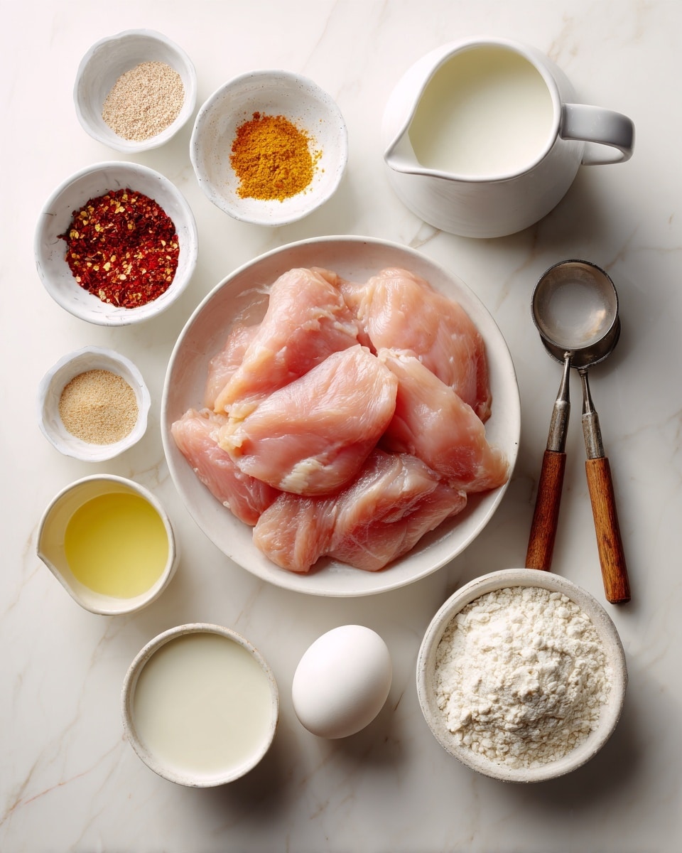 The image shows raw ingredients arranged neatly on a white marbled surface. In the center, there is a white bowl filled with several pieces of raw pink chicken fillets. Surrounding the bowl are smaller white bowls and containers holding various ingredients: one small white bowl has a mix of red, beige, and light brown spices, another holds a whole white egg, a small bowl contains a light yellow powder, another has white flour, and one has a light yellow liquid resembling oil. A small white pitcher is filled with white milk, and two measuring spoons with wooden handles lie beside it. The setup is clean and organized, showcasing all components clearly. photo taken with an iphone --ar 4:5 --v 7