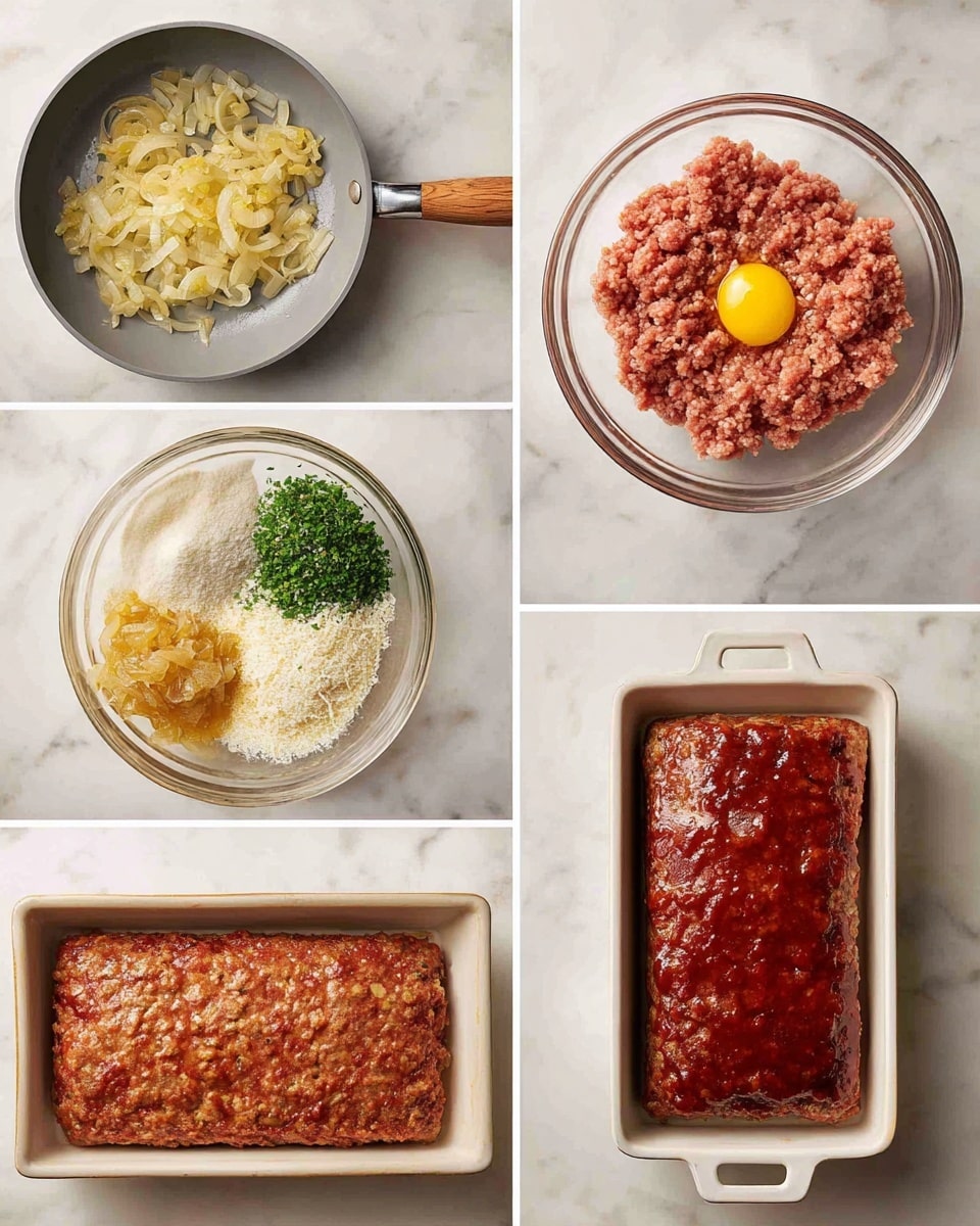 The six-part image shows the step-by-step making of a meatloaf on a white marbled surface. The first photo shows a gray frying pan with a wooden handle containing cooked chopped onions with a light golden color. The second photo displays a glass bowl with raw ground meat, cooked onions, a whole egg yolk, and a dollop of mustard on top. The third photo shows the same glass bowl with added white breadcrumbs and green herbs mixed with the meat and onions. The fourth photo presents the meat mixture in the glass bowl thoroughly combined and smooth. The fifth photo shows the meat mixture pressed evenly into a white rectangular baking pan with handles. The last photo displays the cooked meatloaf, browned to a shiny deep brown glaze, placed in a metal baking tray. Photo taken with an iphone --ar 4:5 --v 7