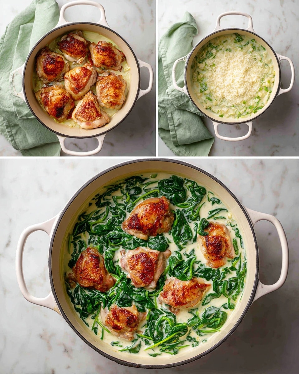 A white round pot with two handles is shown in six steps on a white marbled surface with a light green cloth in the top left. In the first step, four seasoned cooked chicken pieces with a light brown color rest in the pot. The second step shows chopped onions browned in butter with white flour dusted on top, all inside the pot. The third step displays a thick creamy white sauce filling the pot. In the fourth step, fresh bright green spinach leaves cover the sauce. The fifth step mixes the spinach into the creamy sauce, creating a light green sauce with flecks of red from sundried tomatoes. The sixth step places the four browned chicken pieces on top of the green sauce, ready to serve. Photo taken with an iphone --ar 4:5 --v 7