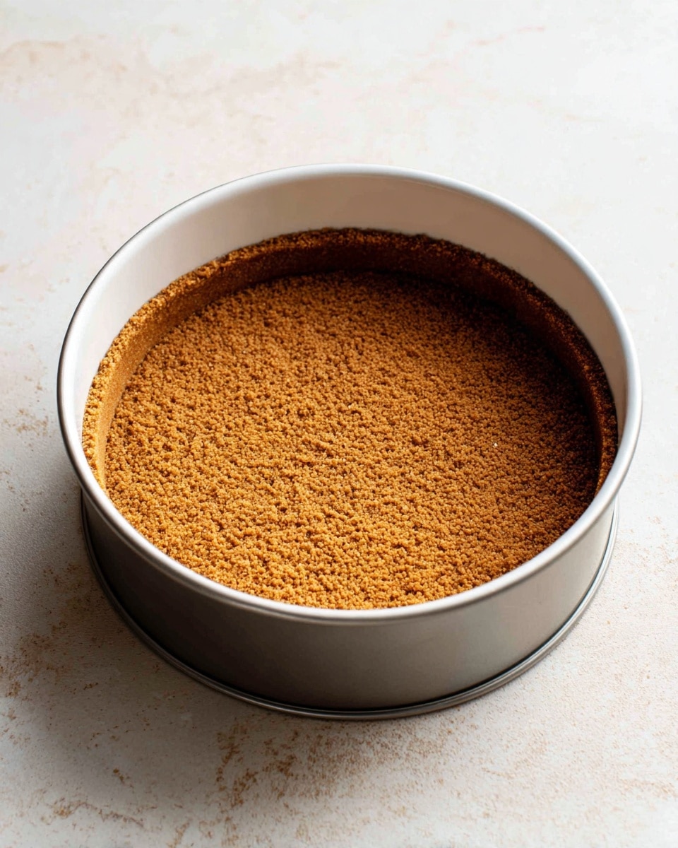 A single layer of brown, crumbly graham cracker crust pressed evenly along the bottom and sides of a round, silver springform pan. A white ramekin sits upside down near the edge inside the pan, creating a smooth ring in the crust beneath it. The pan rests on a white marbled surface with soft lighting highlighting the texture of the crust. photo taken with an iphone --ar 4:5 --v 7