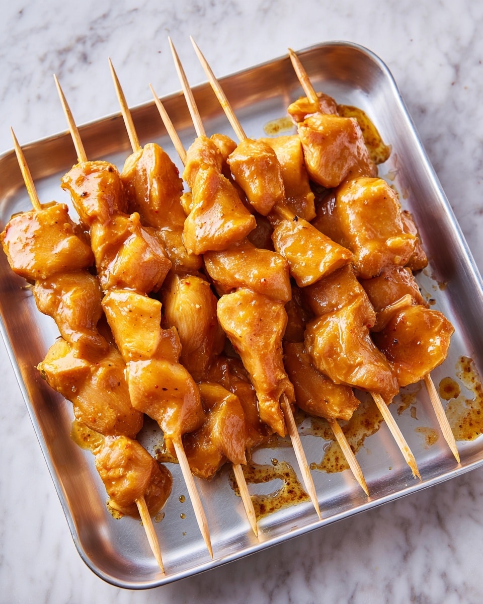 The image shows a metal tray holding eight skewers of raw marinated chicken pieces. Each skewer has several irregular shaped pieces in light orange-brown color with a shiny, wet texture from the marinade. The chicken chunks vary in size and shape, packed closely together on thin wooden sticks that point upward at the top and lay flat on the tray at the bottom. The tray rests on a white marbled surface, and there are some small marinade drips around the chicken. photo taken with an iphone --ar 4:5 --v 7