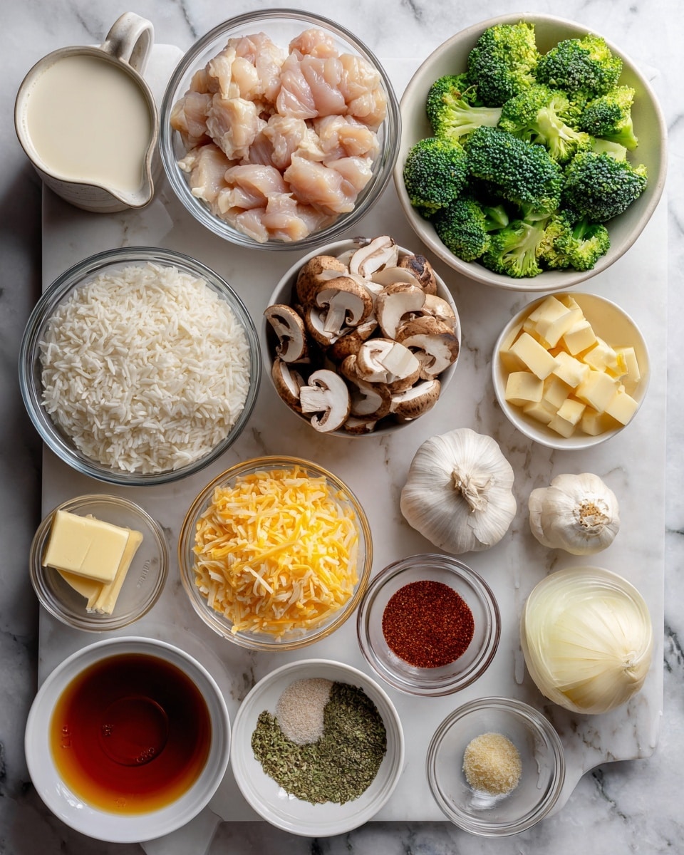 The image shows ingredients arranged neatly on a white marbled surface. There are clear glass bowls holding raw chicken pieces, green broccoli florets, and brown mushrooms. A white bowl is filled with white rice. Other small bowls contain grated orange cheese, butter cubes, white powder (likely flour), a light yellow sauce, dried herbs, a red spice, and grated white cheese. There are also two cloves of garlic, a whole onion, a measuring cup with light brown liquid, and a small glass of white liquid. Each ingredient is separated and easy to see, creating a colorful and organized layout. Photo taken with an iphone --ar 4:5 --v 7