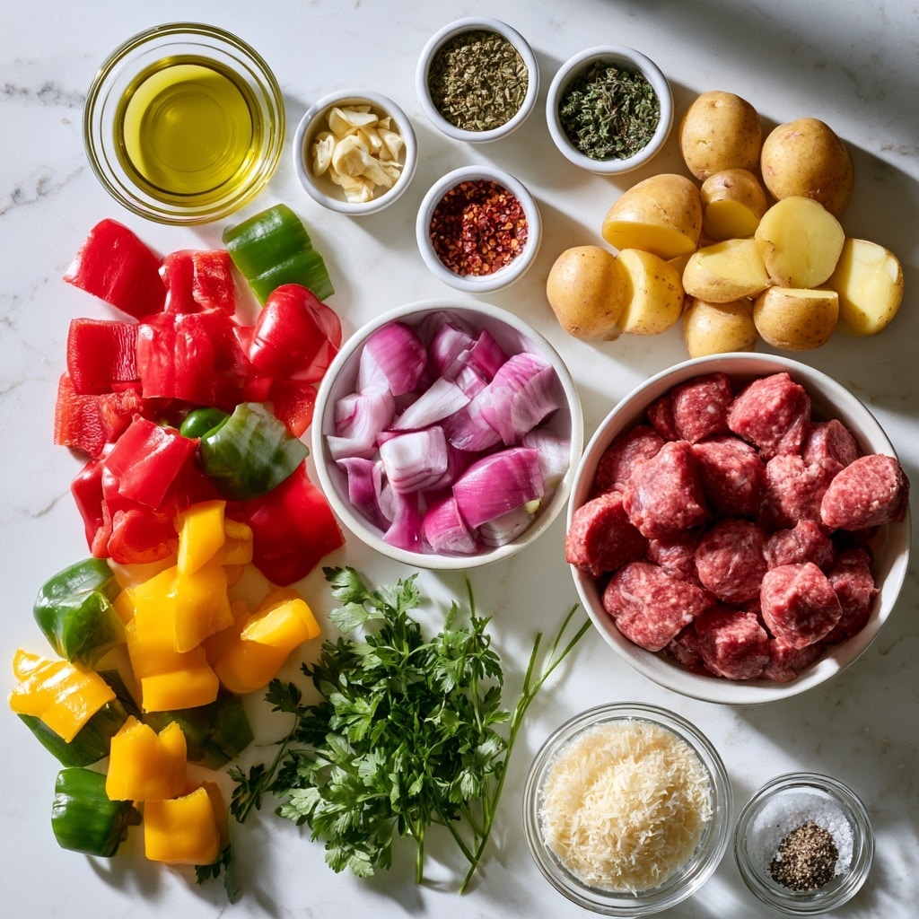 A large clear glass bowl contains three layers of vegetables: sliced yellow bell peppers on the top left, sliced red bell peppers just below them, and quartered purple onions on the top right; next to the onions, there are small round white potatoes, some whole and some sliced thickly. A woman's hand is holding a smaller clear glass bowl filled with a greenish herb and oil mixture over the larger bowl, showing the sauce ready to be poured over the vegetables. The whole scene is placed on a white marbled surface. Photo taken with an iphone --ar 4:5 --v 7