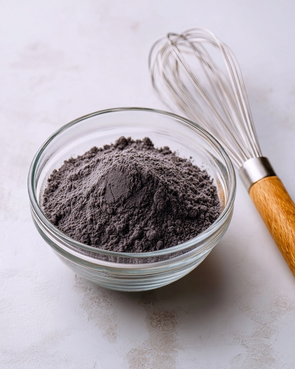 A clear glass bowl filled with a dark gray powdery mixture sits on a white marbled surface, with a stainless steel whisk that has a wooden handle placed beside it on the right. The powder has a soft, crumbly texture with a small indentation in the center. The scene is simple and clean, focusing on the bowl and whisk. photo taken with an iphone --ar 4:5 --v 7