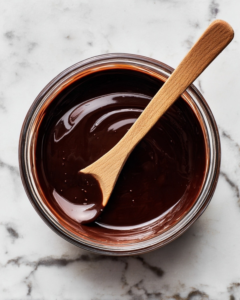 A clear glass bowl is filled with a smooth, dark brown chocolate sauce that has a glossy surface. A wooden spoon rests inside the bowl, partially submerged in the chocolate, with the handle leaning towards the top left. The bowl is placed on a white marbled surface, showing the rich texture and shine of the sauce clearly. photo taken with an iphone --ar 4:5 --v 7