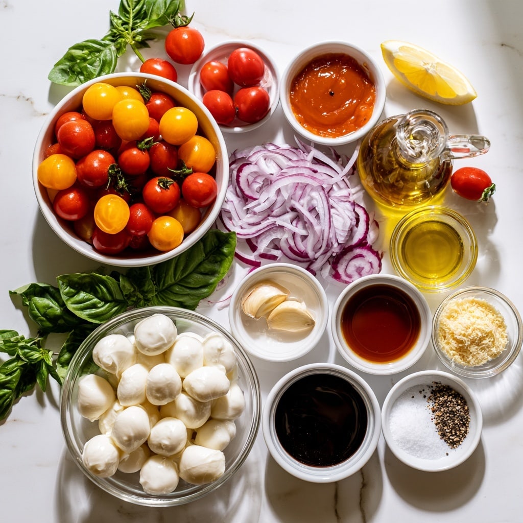 The image shows two white bowls on a white marbled surface, each filled with fresh salad ingredients. The left bowl has layers neatly arranged with sliced red tomatoes on the top right, halved cherry tomatoes below them, small white mozzarella balls at the bottom, a pile of thinly sliced green basil leaves on the left, and some sliced purple onions on the right side. Next to it is a small bowl with light brown dressing. The right bowl displays the same ingredients mixed together, showing red tomatoes, white mozzarella balls, green basil leaves, and purple onion strips all combined. A silver spoon rests inside this bowl on the right side. Photo taken with an iphone --ar 4:5 --v 7