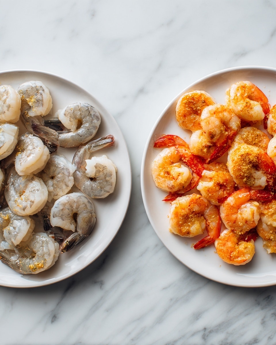 The image shows two round white plates on a white marbled surface. The left plate has raw shrimp arranged spaced out across it, with colors mostly gray and pale pink with some translucent white parts, showing the fresh uncooked texture of the shrimp bodies and tails curled in a natural shape. The right plate has cooked shrimp in a similar pattern, but their color is mostly bright orange with hints of red and some golden-yellow seasoning sprinkled lightly on top, giving them a warm and slightly shiny look. photo taken with an iphone --ar 4:5 --v 7