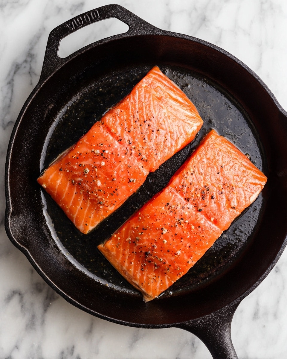 Two rectangular pieces of salmon with a smooth, bright orange color lie side by side in a black cast iron pan. Each piece has a slight glisten of oil and is seasoned with small black pepper specks, visible on the surface. The pan has a handle on the left and a small helper handle on the top right, both also black and matte. The pan sits on a white marbled surface that contrasts with the dark pan and the vibrant salmon, creating a clean, simple, and fresh look. photo taken with an iphone --ar 4:5 --v 7