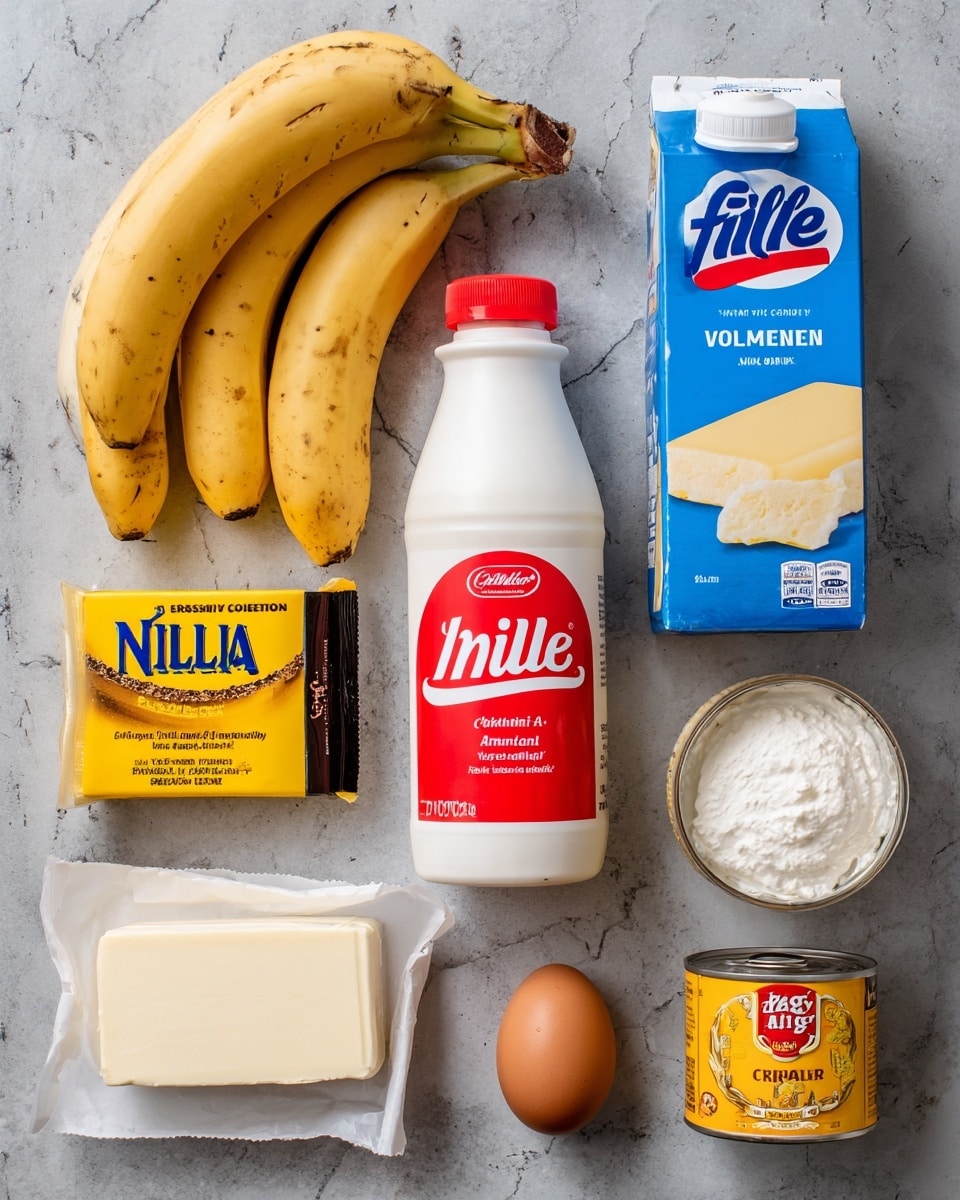The image shows several ingredients arranged on a gray surface with a white marbled texture. On the left, there are two ripe bananas with brown spots. Next to the bananas is a bottle of vanilla extract with a dark liquid inside and labeled